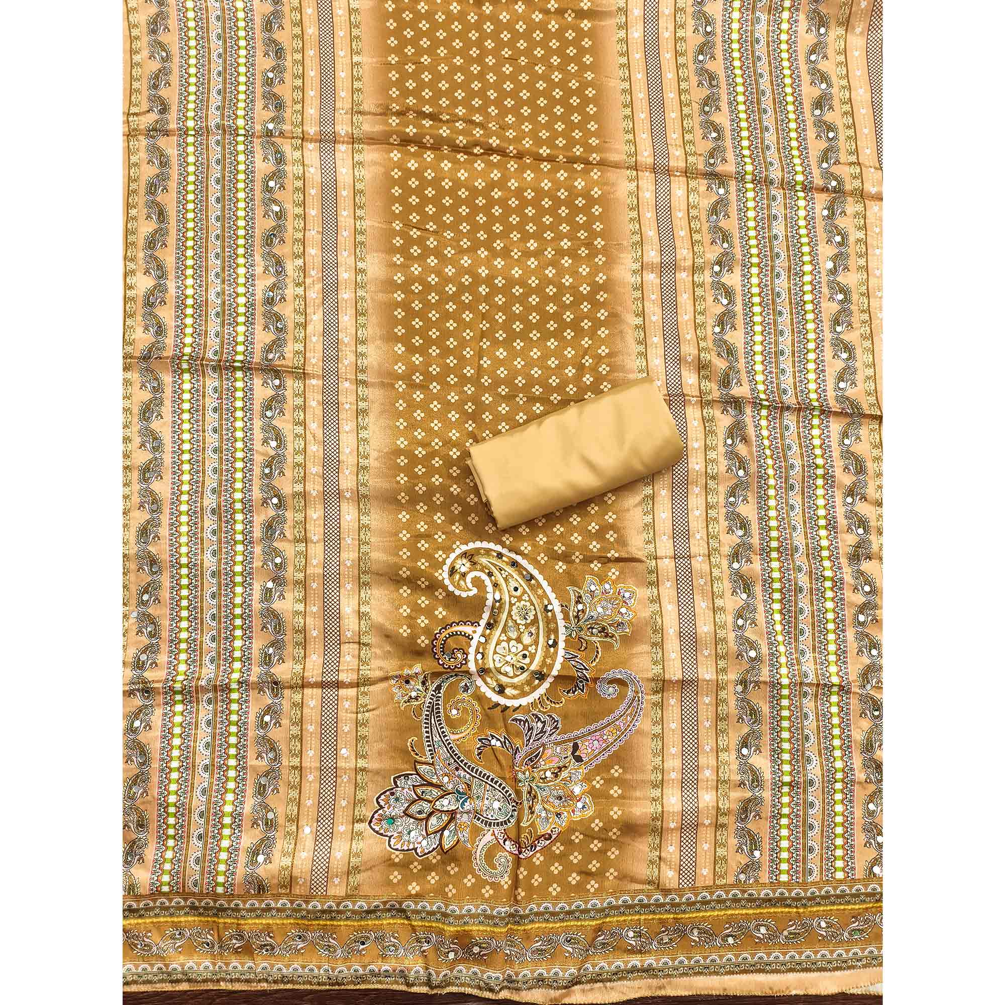 Soothing Mustard Floral Digital Printed Dress Material Crafted From Muslin With Mirror Work