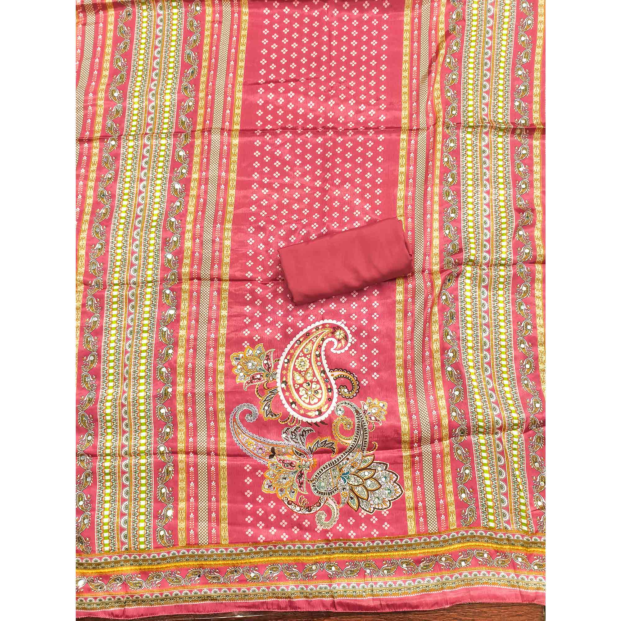 Soothing Pink Floral Digital Printed Dress Material Crafted From Muslin With Mirror Work