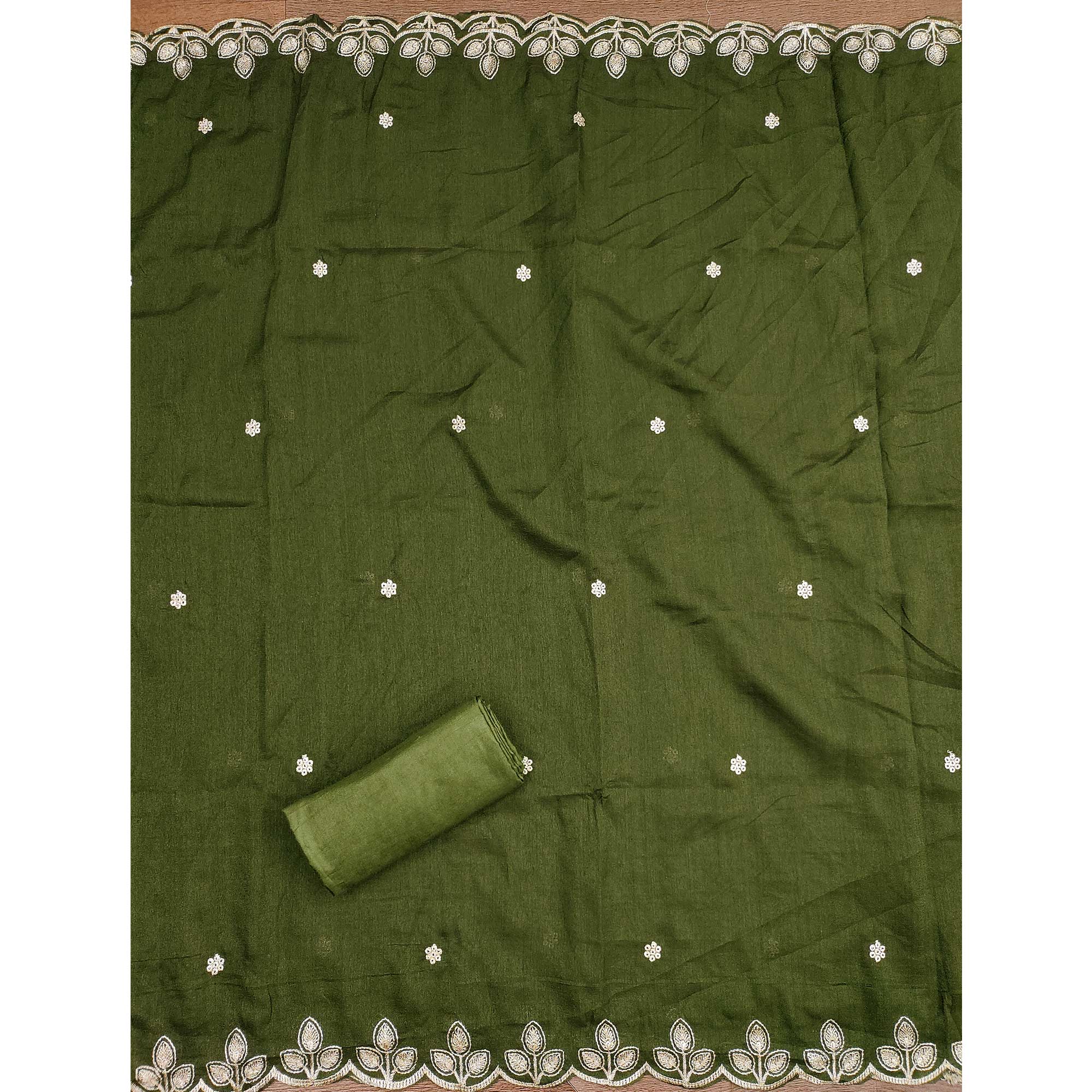 Graceful Green Floral Embroidered Vichitra Silk Dress Material Enhanced With Diamond Work