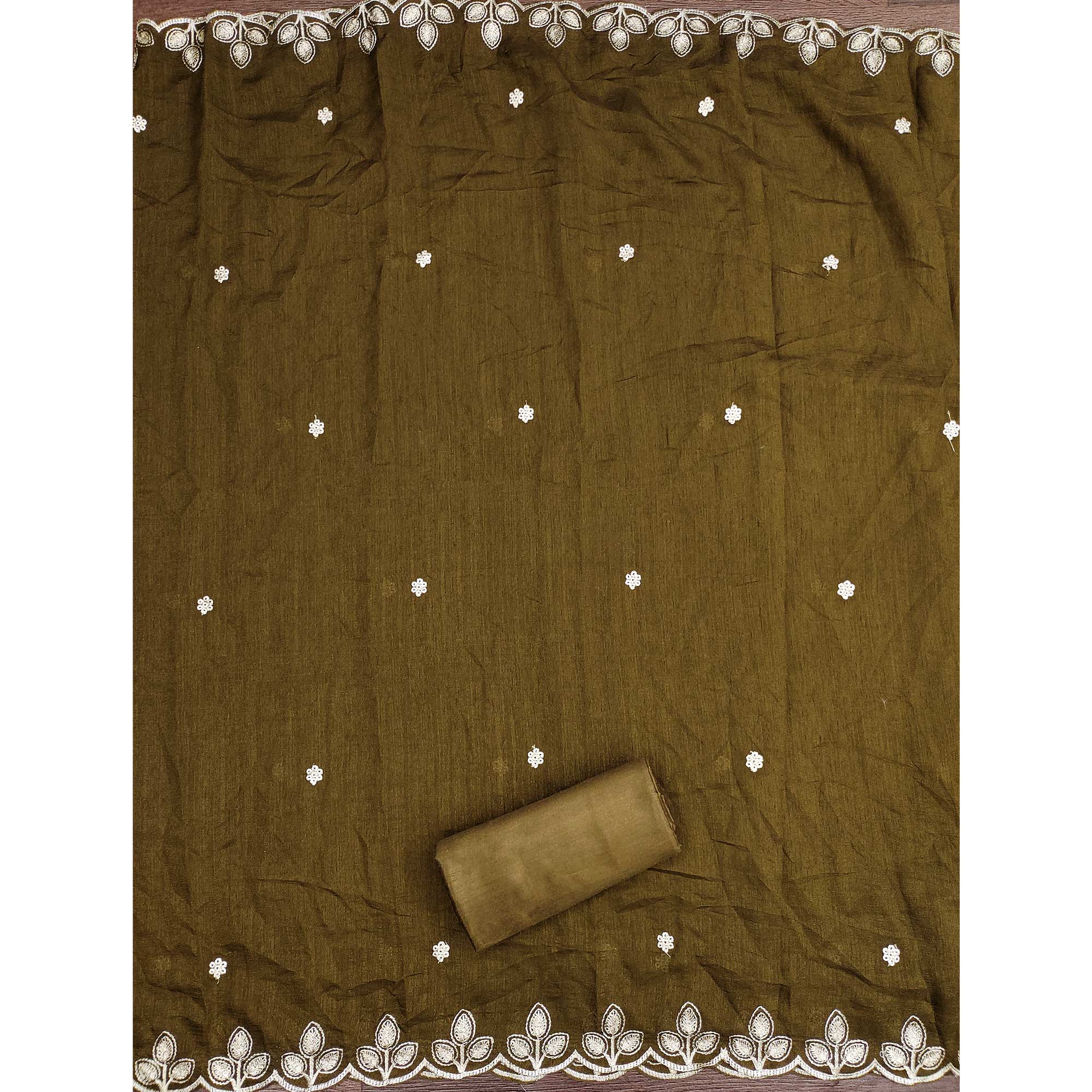 Graceful Mehendi Green Floral Embroidered Vichitra Silk Dress Material Enhanced With Diamond Work