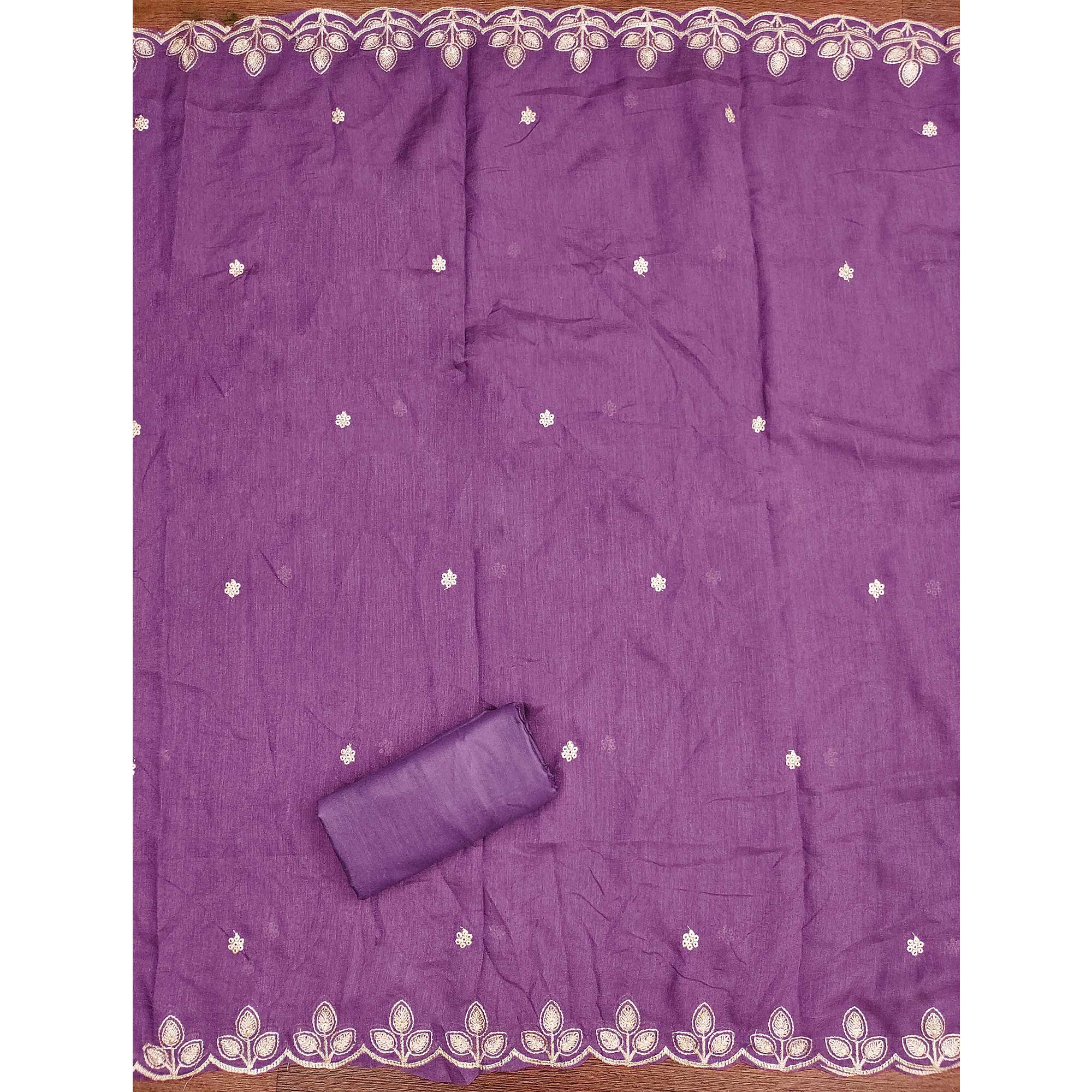 Graceful Purple Floral Embroidered Vichitra Silk Dress Material Enhanced With Diamond Work