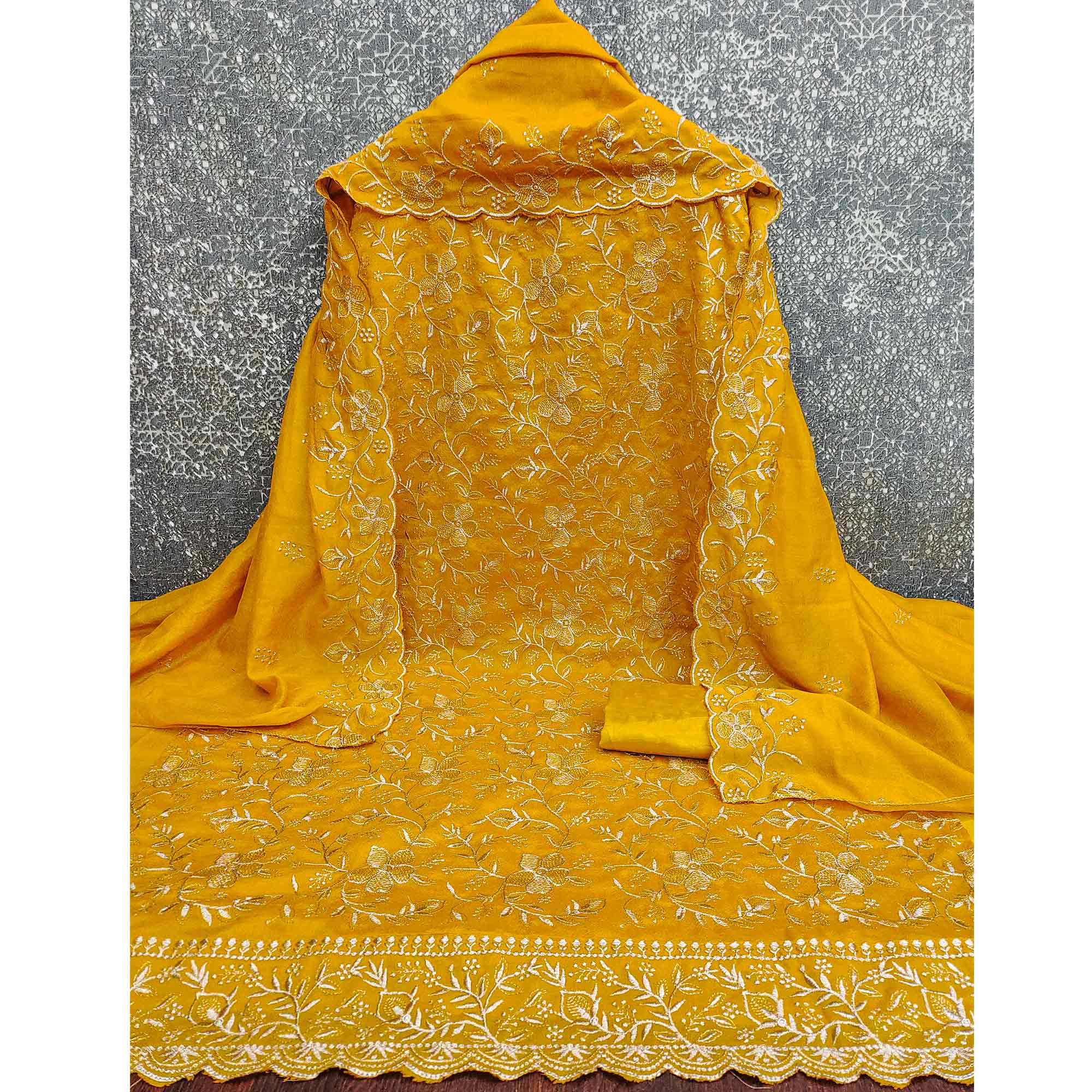 Elegant Mustard Vichitra Silk Dress Material Adorned With Exquisite Floral Zari Embroidery Work
