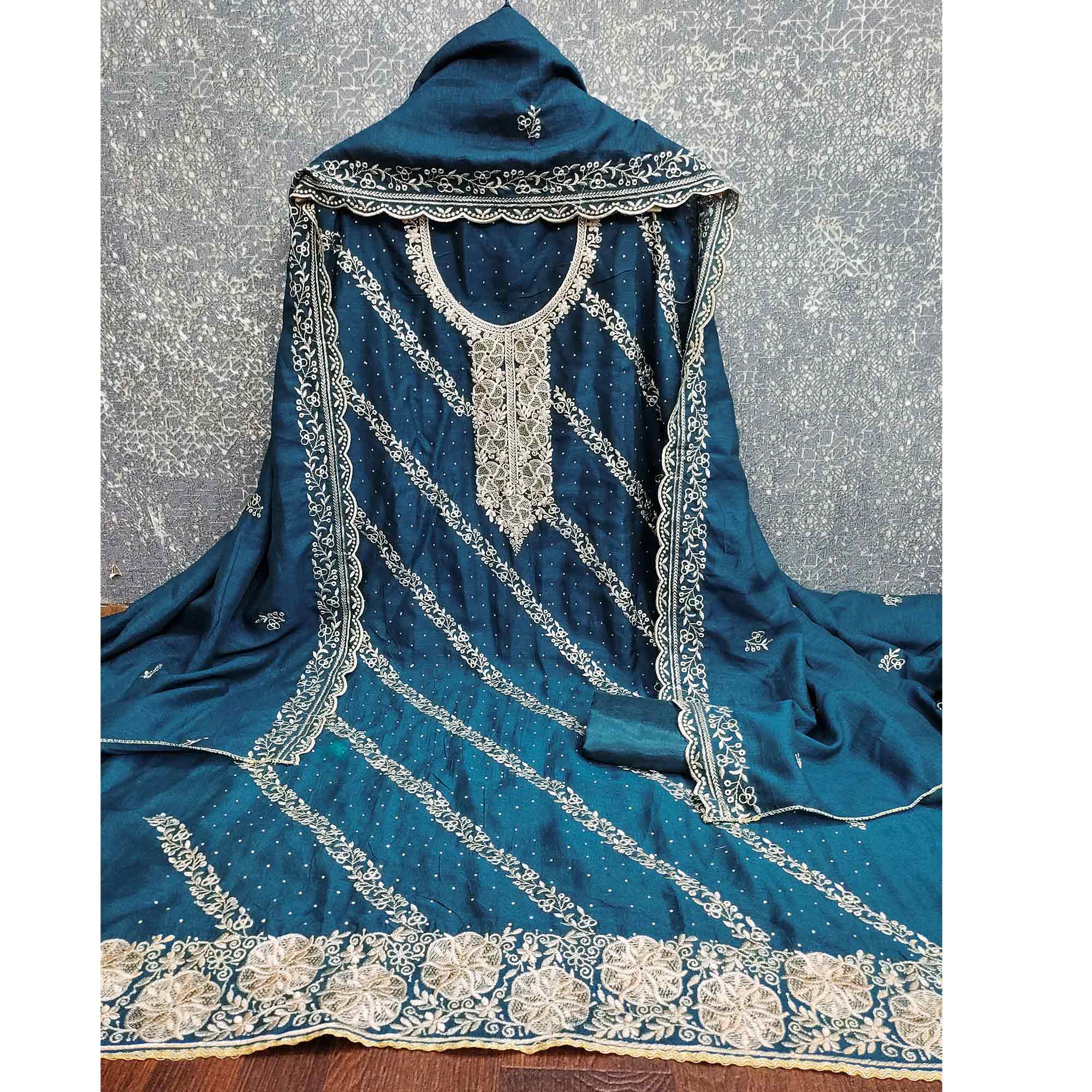Graceful Blue Floral Embroidered Vichitra Silk Dress Material Enhanced With Sparkling Swarovski