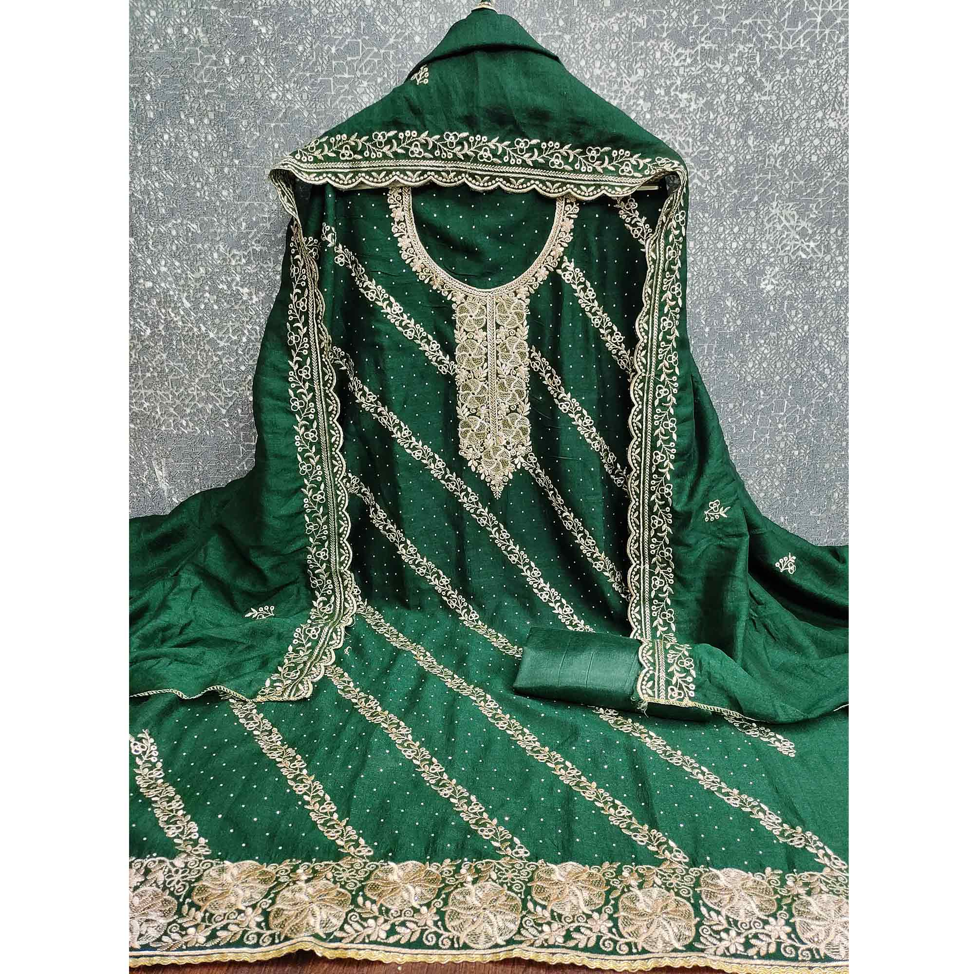 Graceful Green Floral Embroidered Vichitra Silk Dress Material Enhanced With Sparkling Swarovski
