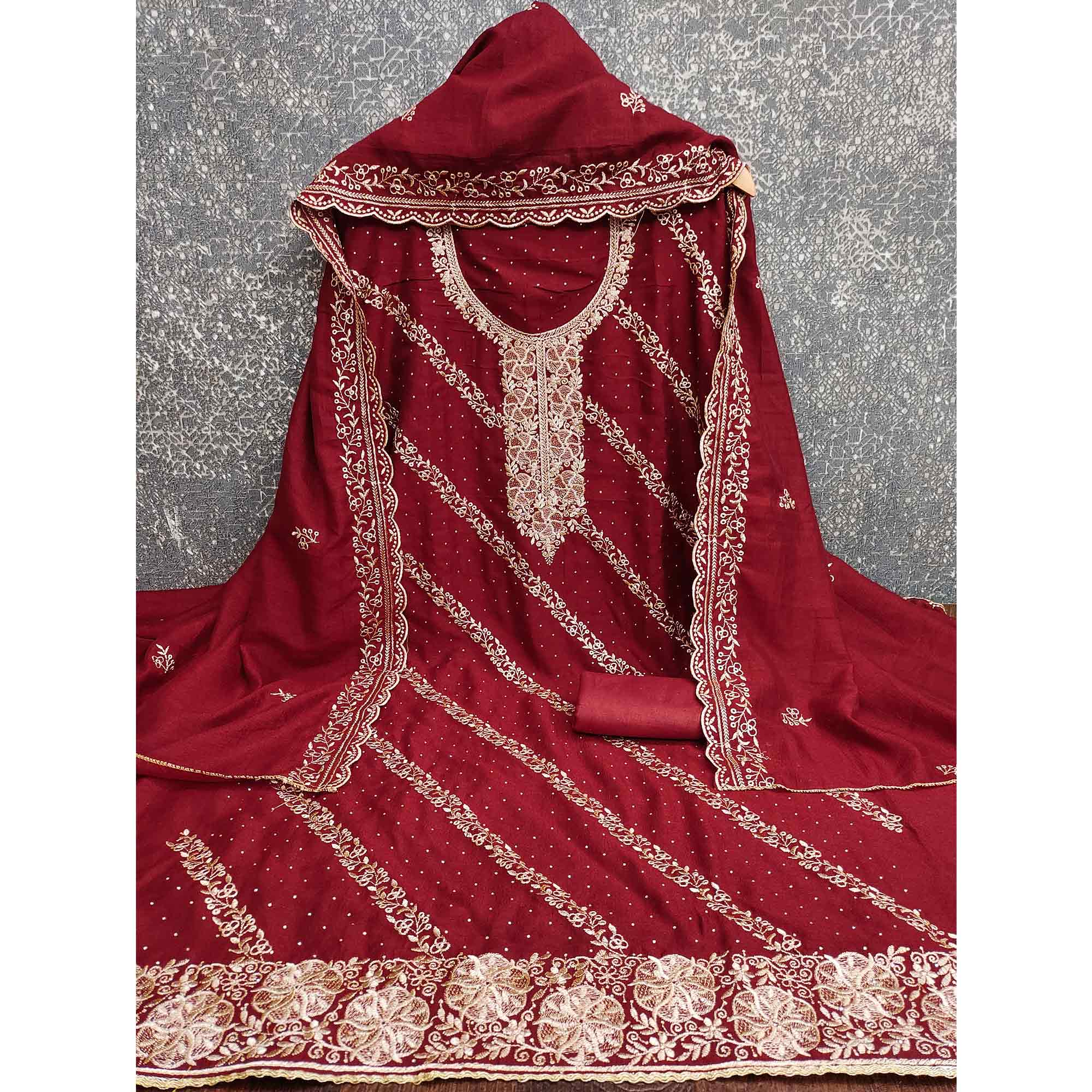 Graceful Maroon Floral Embroidered Vichitra Silk Dress Material Enhanced With Sparkling Swarovski