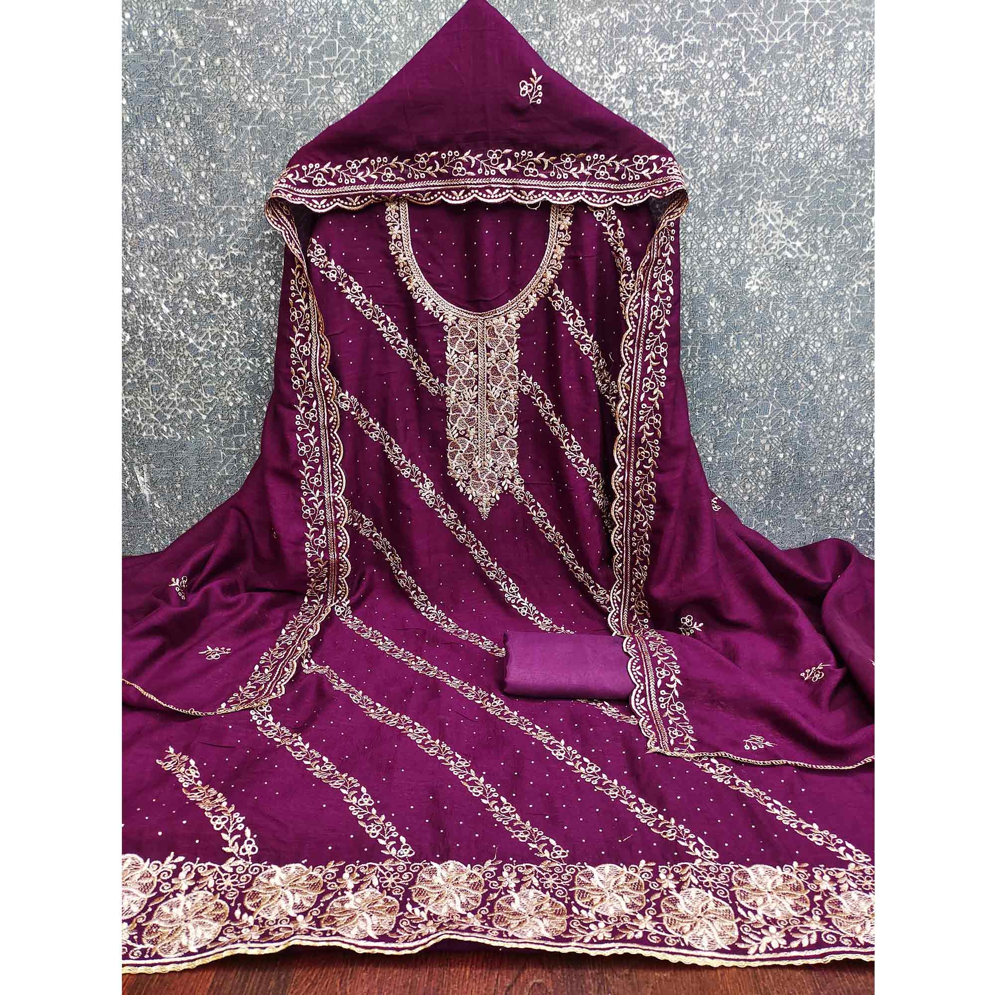 Graceful Purple Floral Embroidered Vichitra Silk Dress Material Enhanced With Sparkling Swarovski