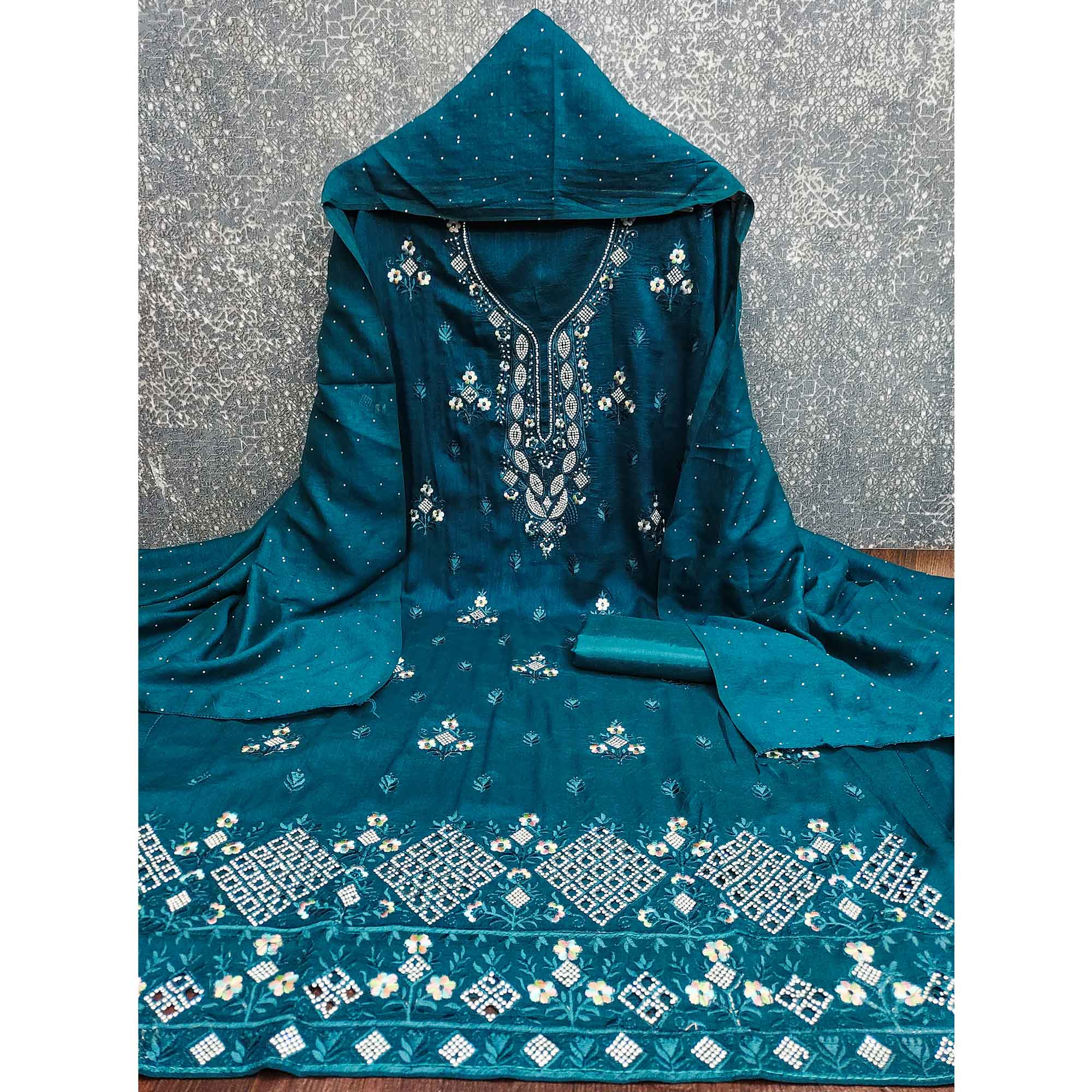 Gorgeous Dark Teal Blue Floral Embroidered Vichitra Silk Dress Material Beautified With Swarovski
