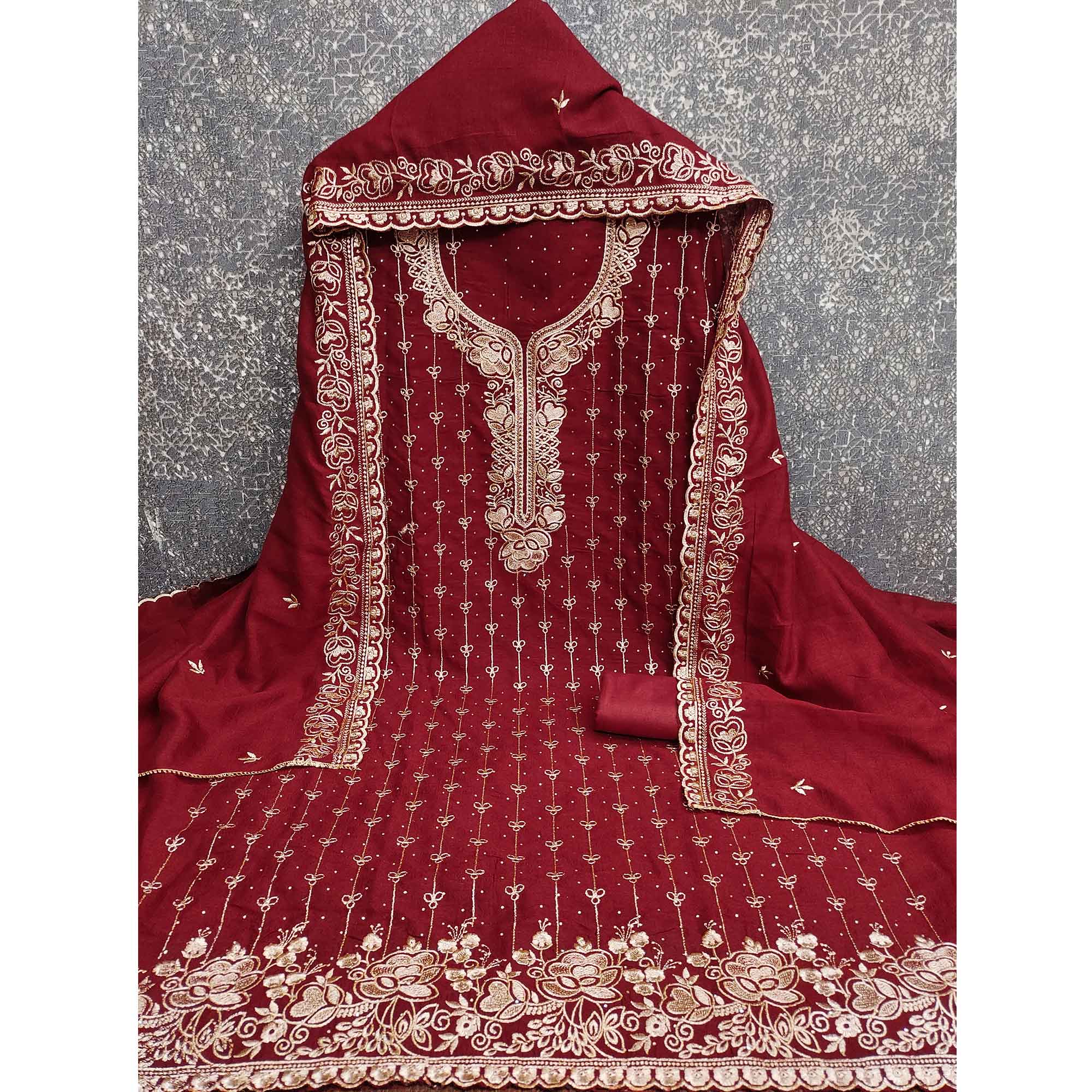 Regal Maroon Floral Embroidered Vichitra Silk Dress Material With Dazzling Swarovski Work Detailing