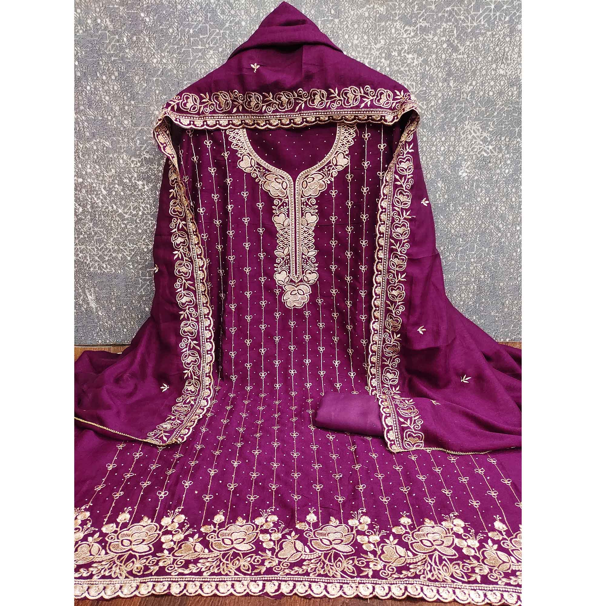 Regal Purple Floral Embroidered Vichitra Silk Dress Material With Dazzling Swarovski Work Detailing