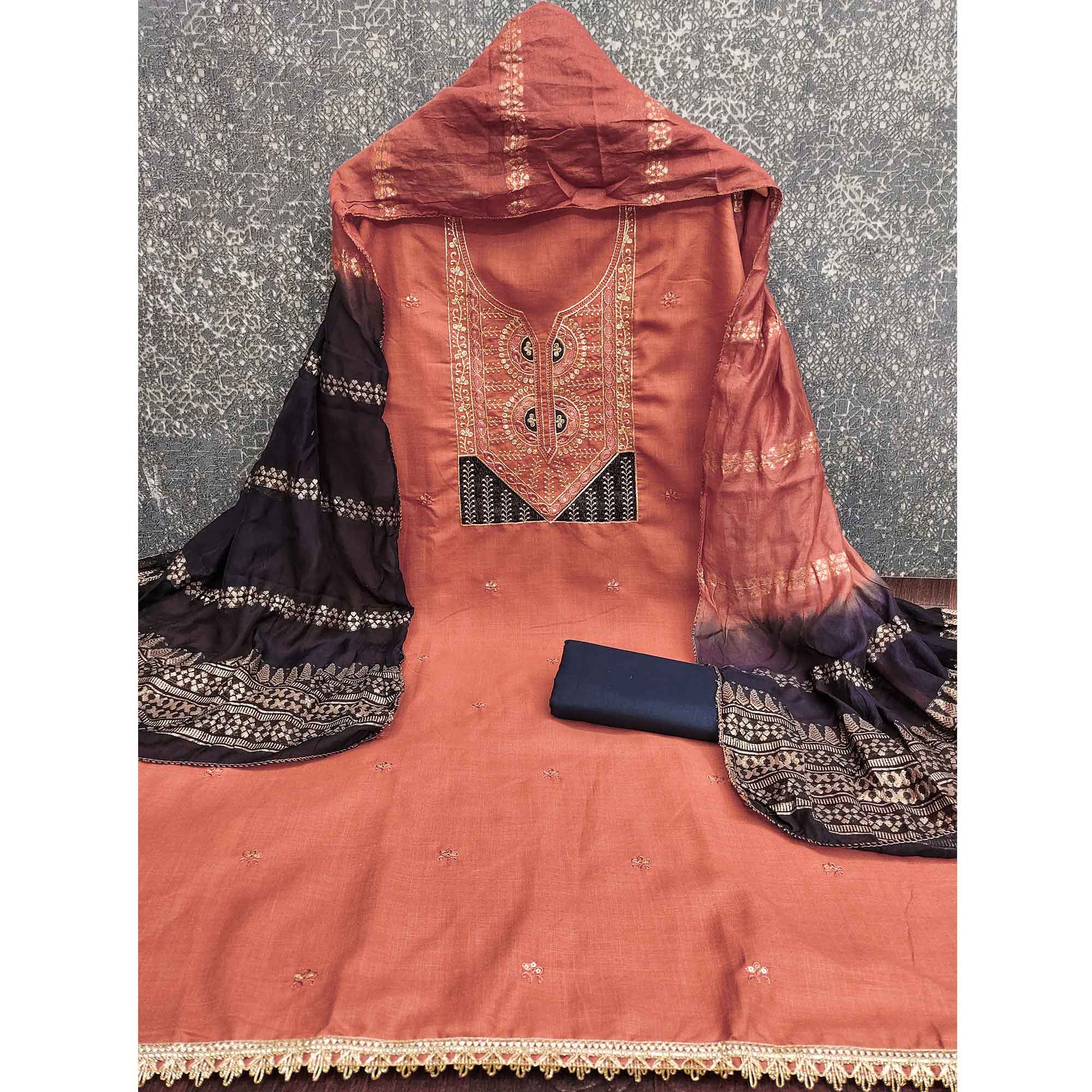 Classic Peach Floral Embroidered Cotton Blend Dress Material With Shimmering Sequins Work