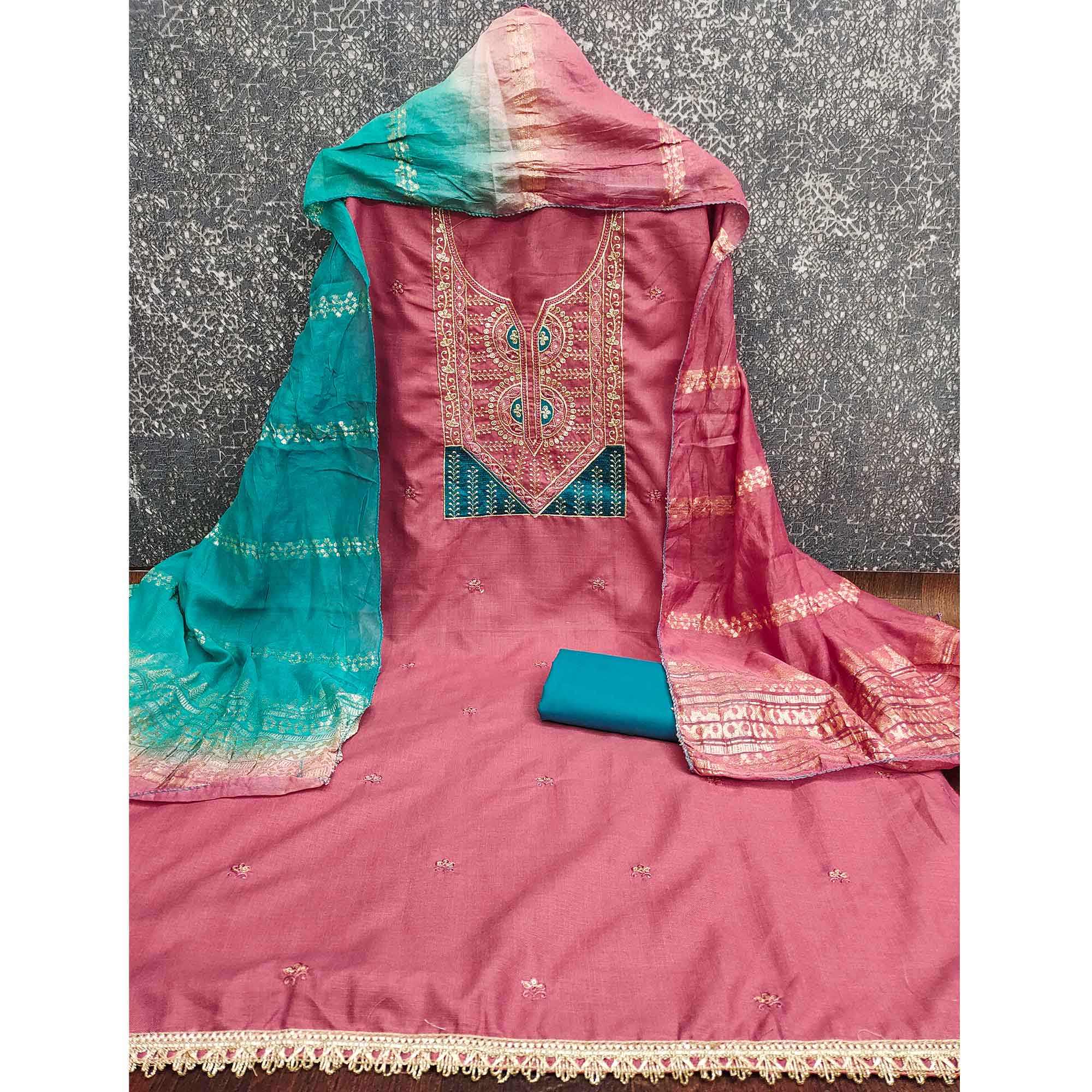 Classic Pink Floral Embroidered Cotton Blend Dress Material With Shimmering Sequins Work