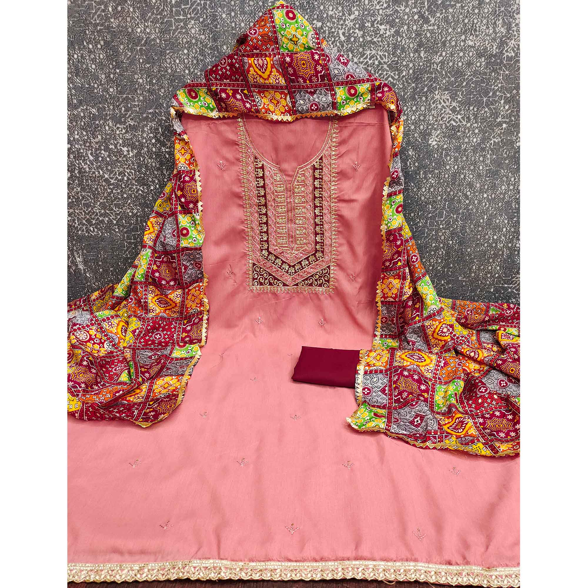 Stylish Pink Cotton Blend Dress Material Enriched With Floral Embroidery & Sequins Work