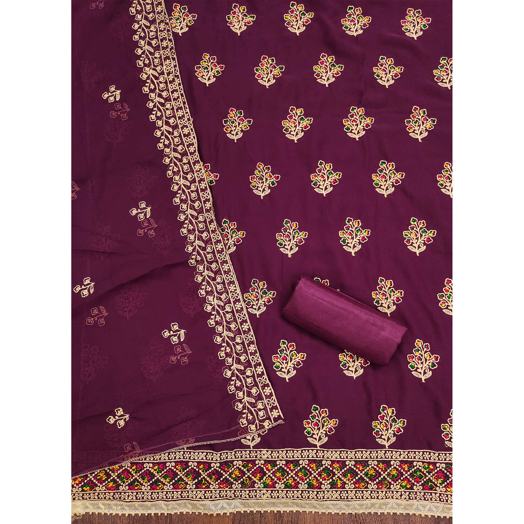 Purple Floral Embroidered Georgette Dress Material