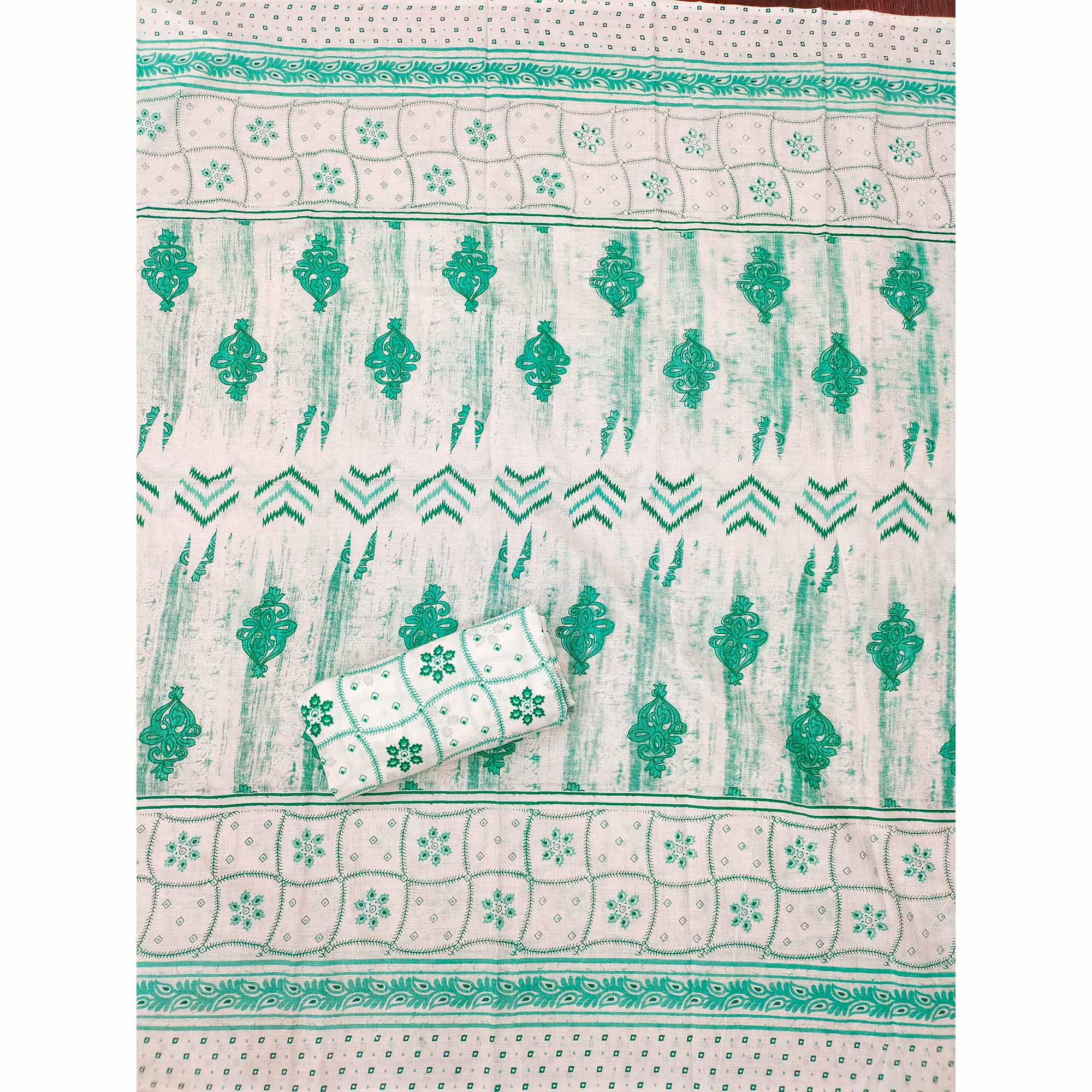 Green Printed With Embroidered Cotton Blend Dress Material