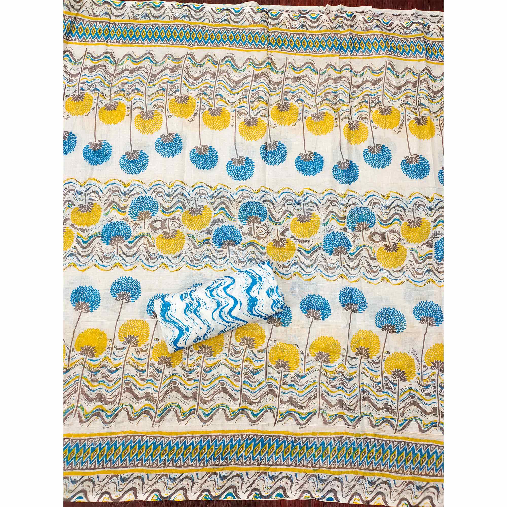 Blue & Yellow Floral Printed With Embroidered Cotton Blend Dress Material