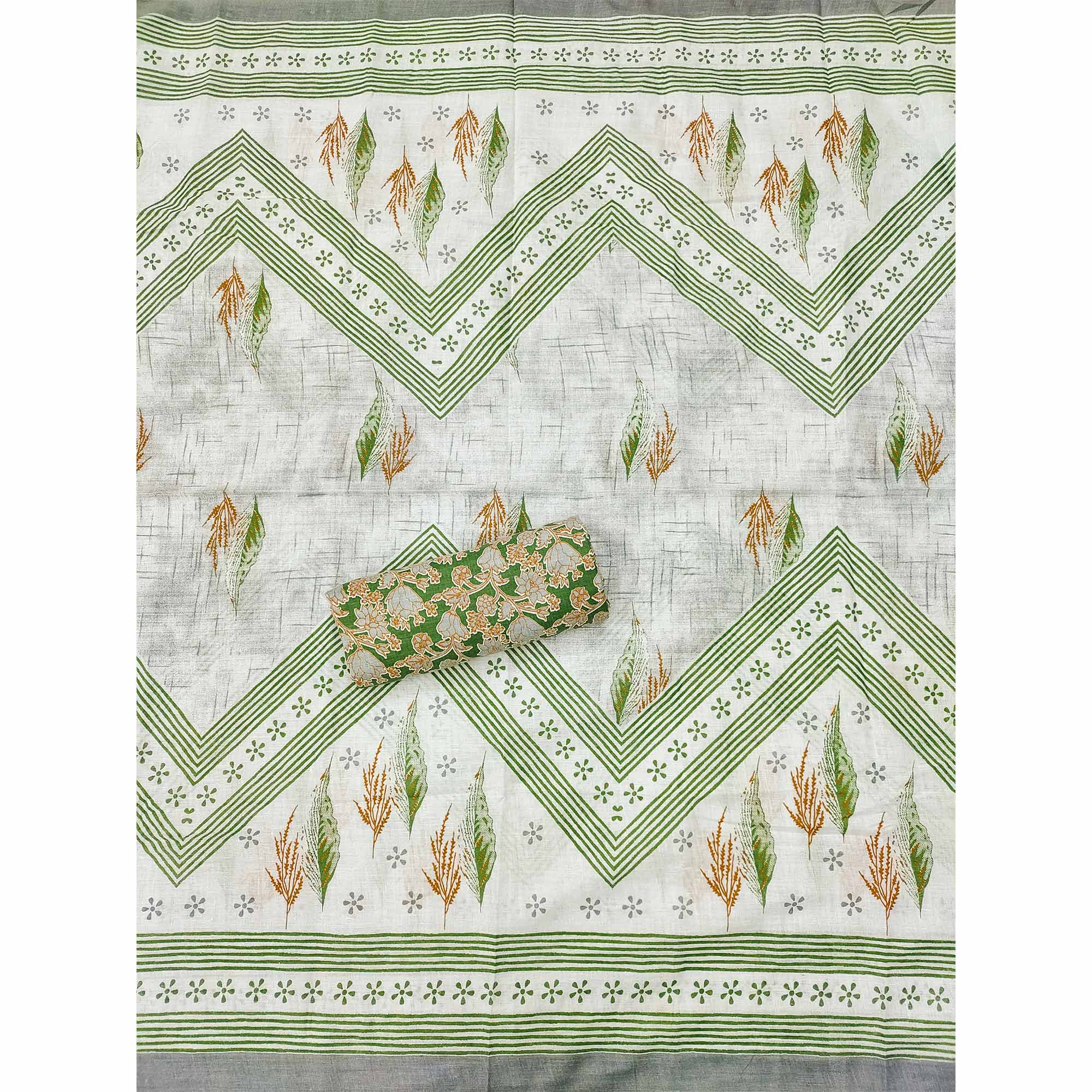 Green Floral Printed With Embroidered Cotton Blend Dress Material