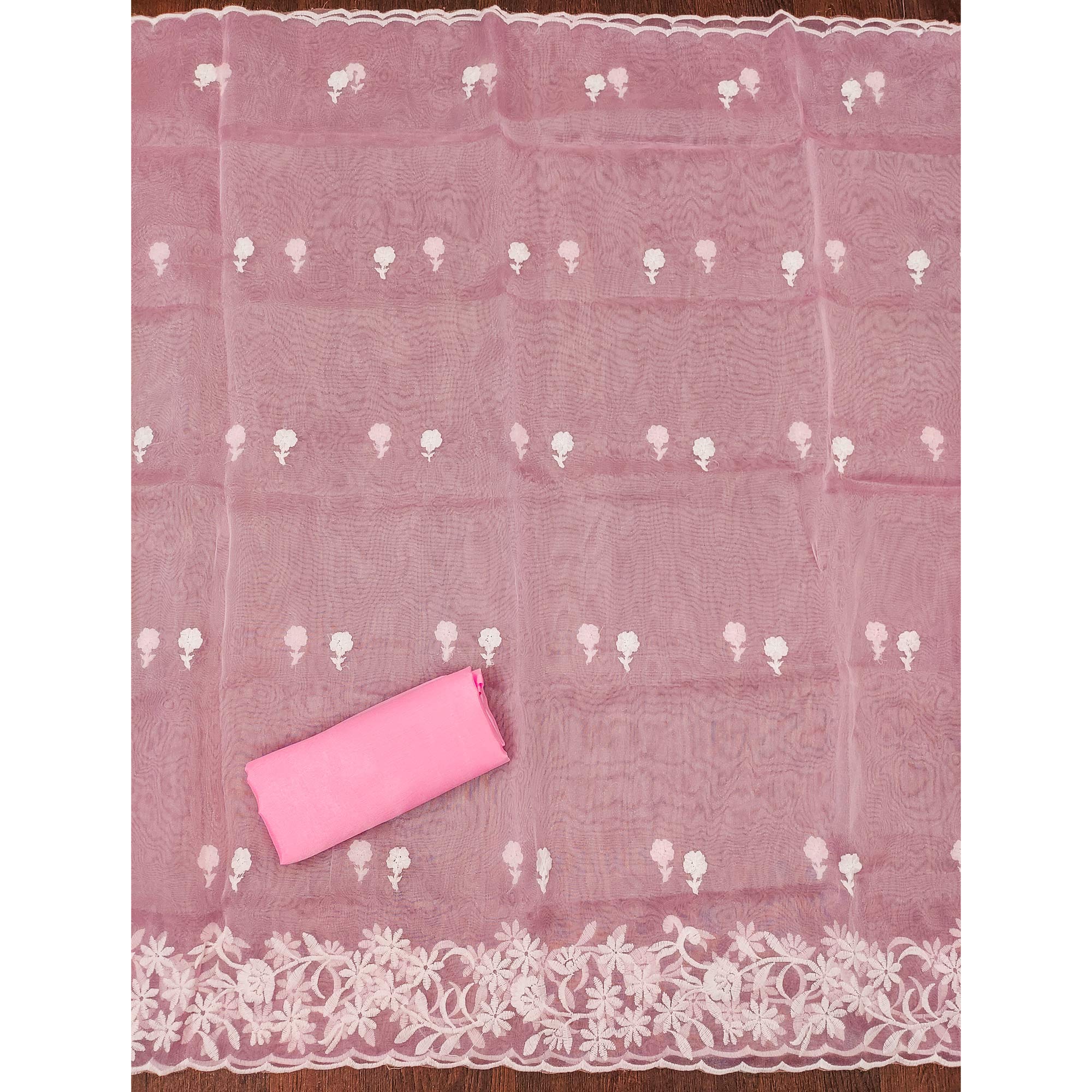 Pink Floral Embroidered Organza Dress Material