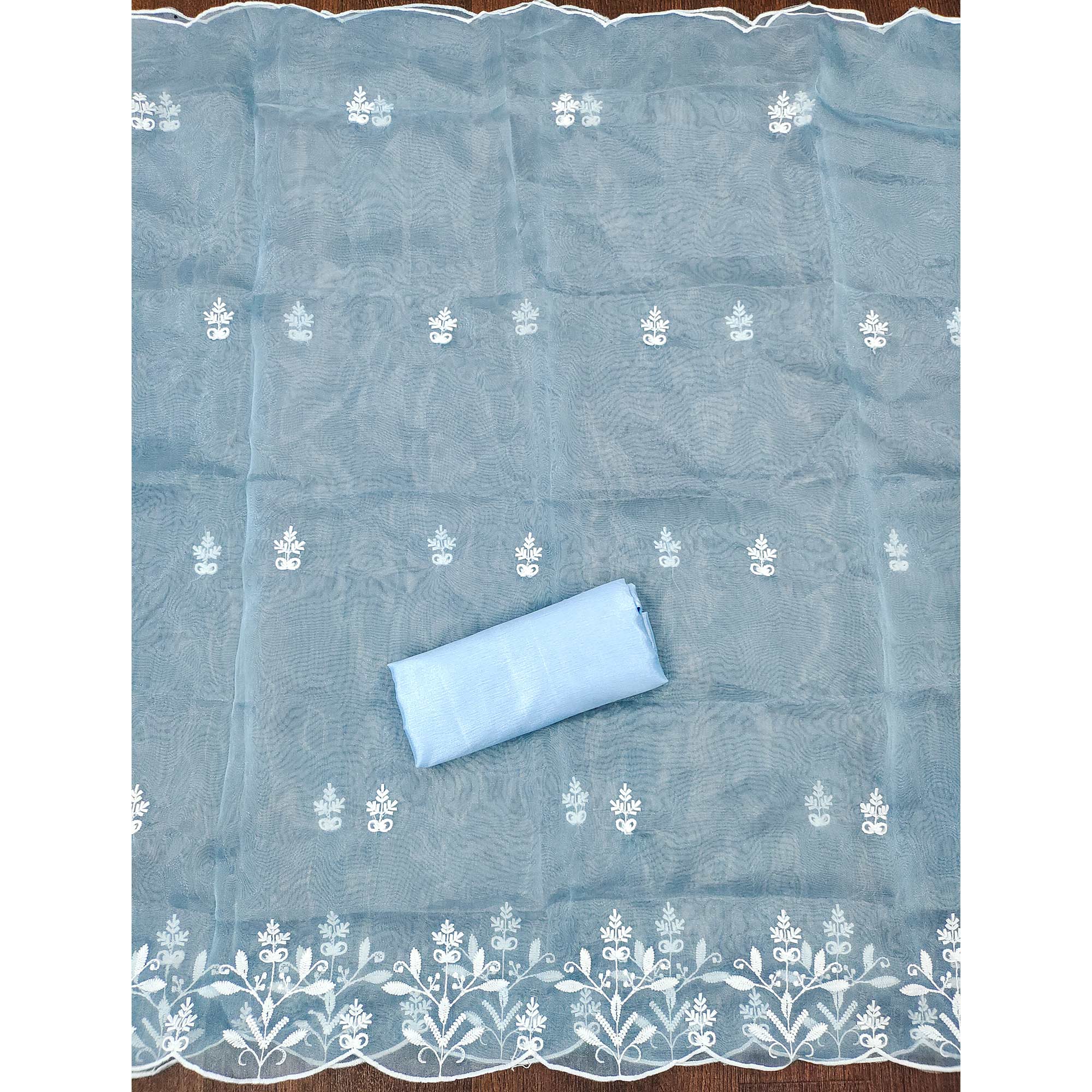Blue Floral Embroidered Organza Dress Material