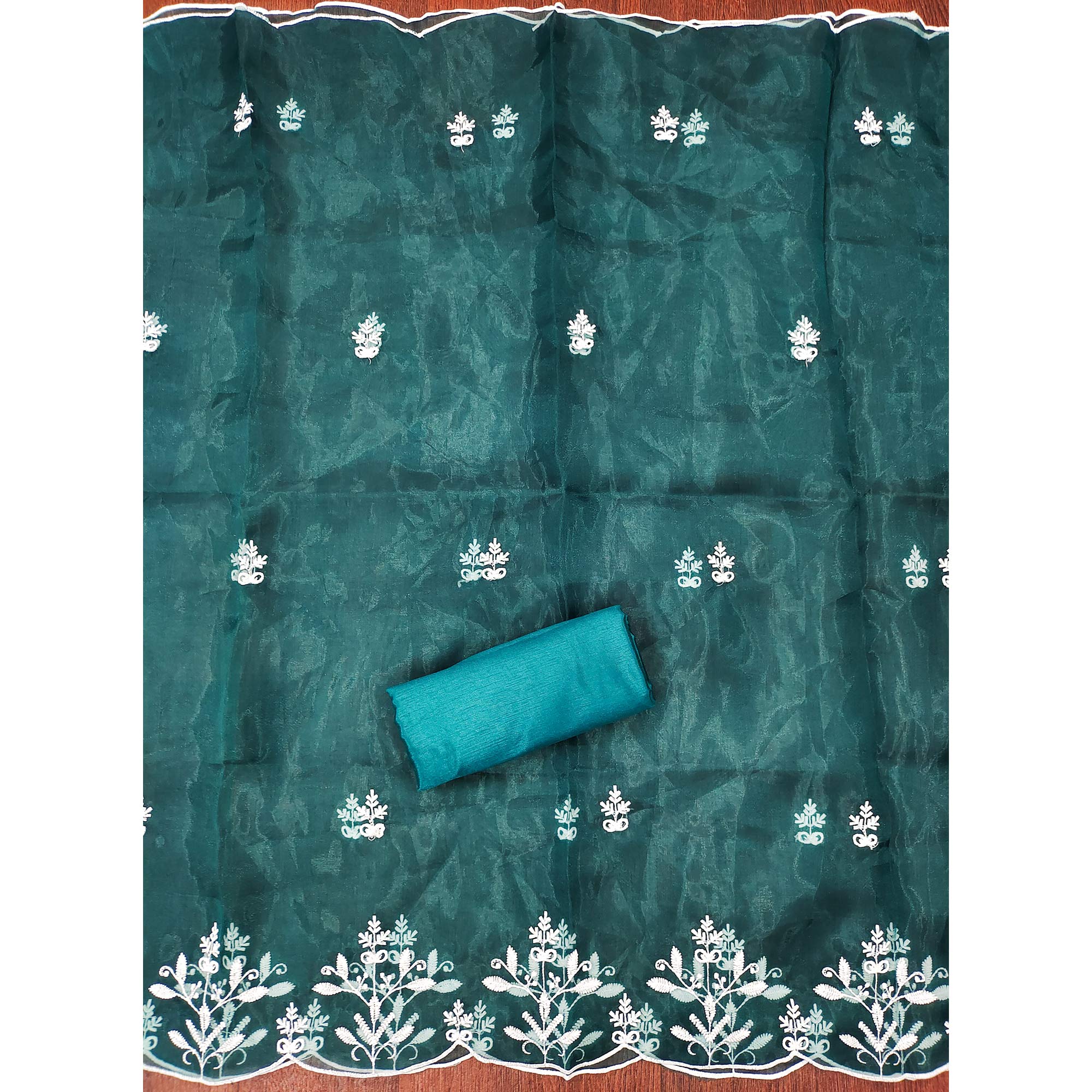 Teal Floral Embroidered Organza Dress Material