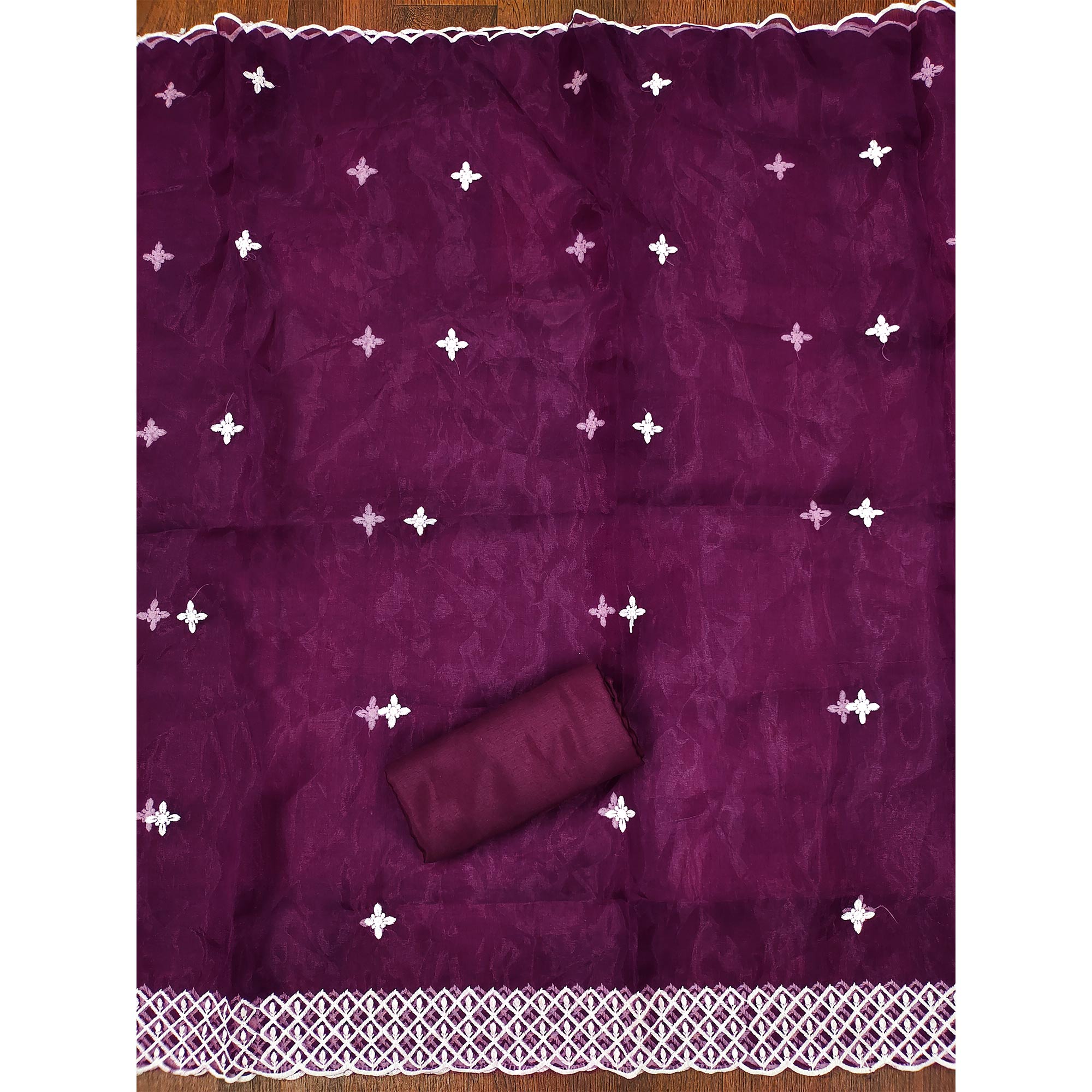 Purple Floral Embroidered Organza Dress Material