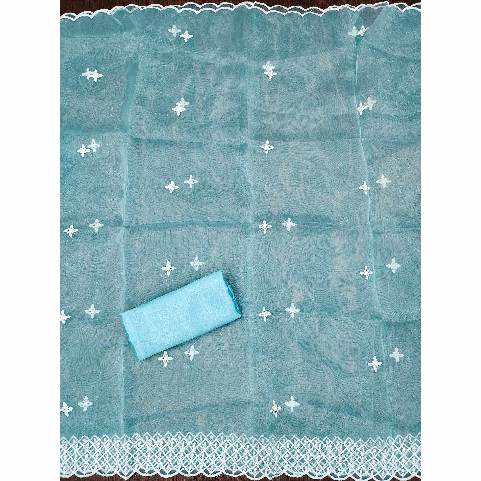 Sky Blue Floral Embroidered Organza Dress Material