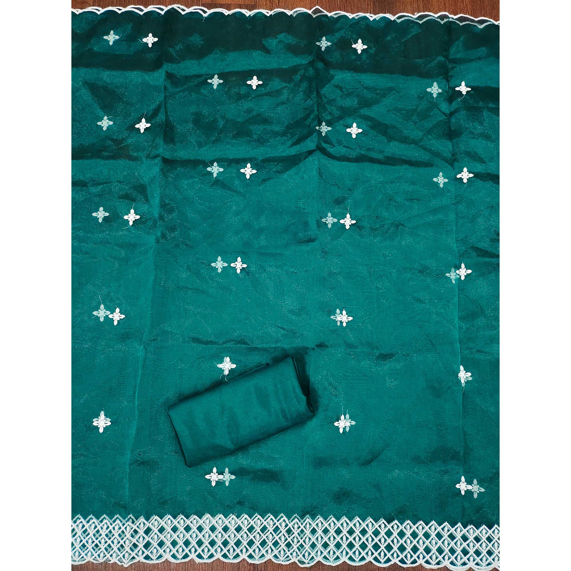 Teal Green Floral Embroidered Organza Dress Material