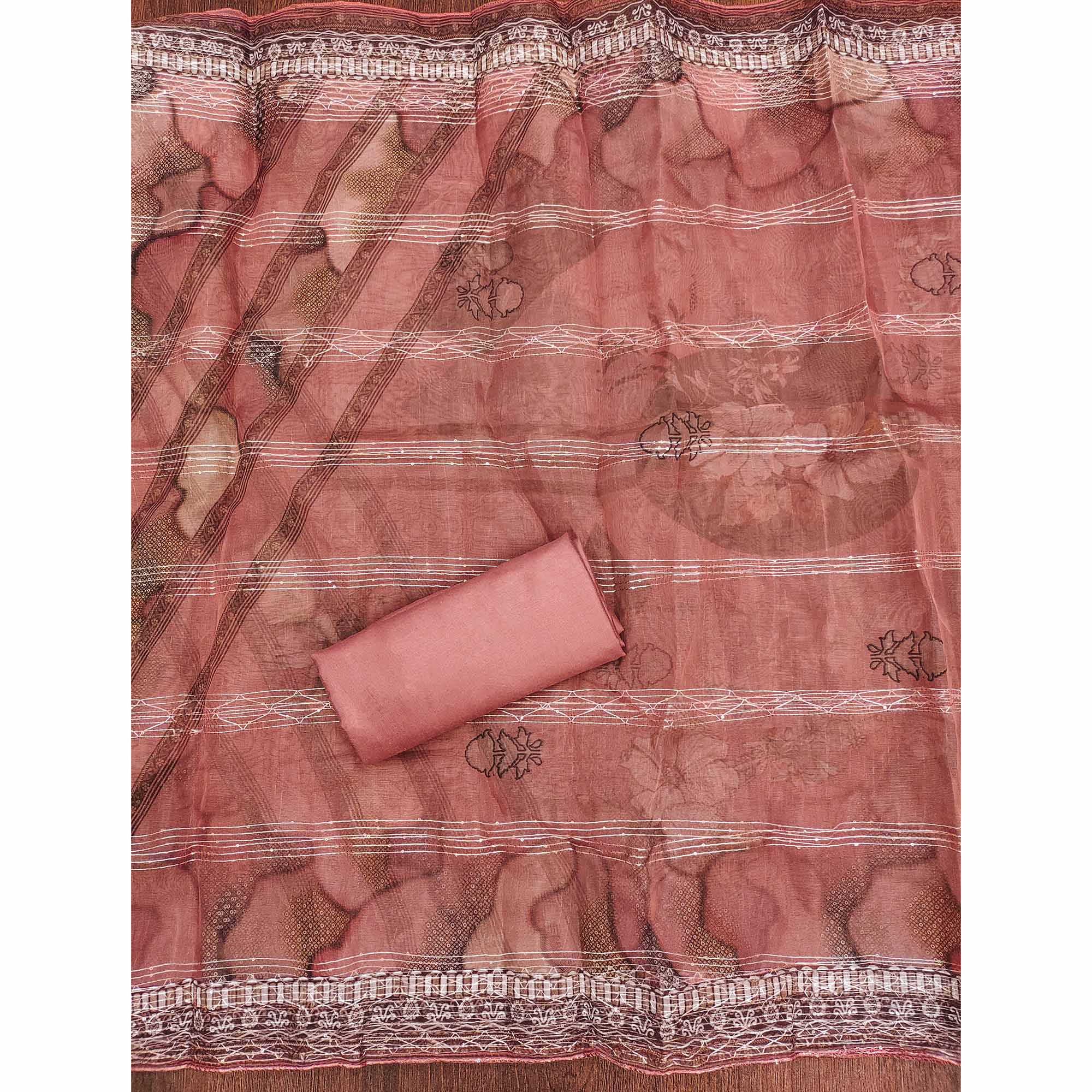 Peach Sequins Embroidered Orgnaza Dress Material