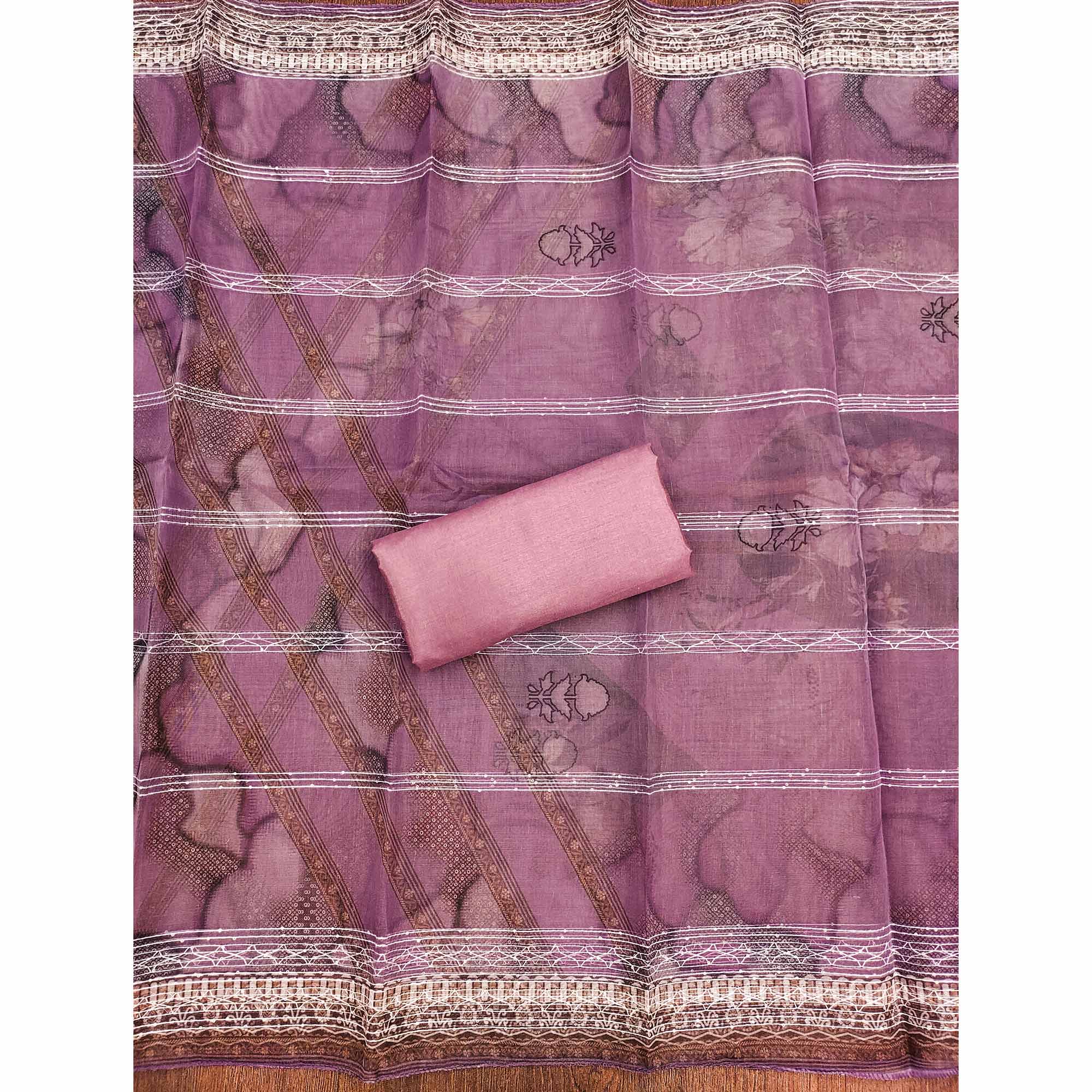 Purple Sequins Embroidered Organza Dress Material