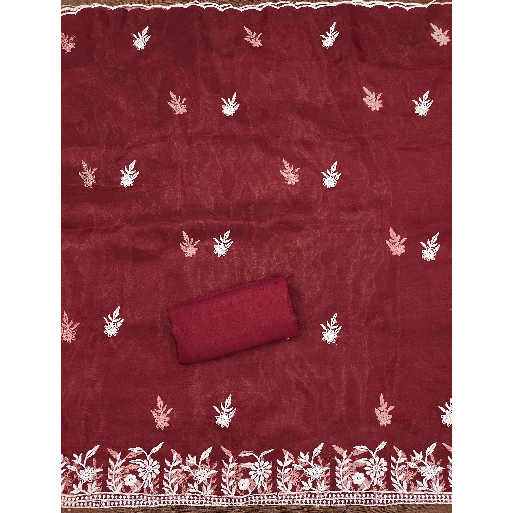 Maroon Floral Embroidered Organza Dress Material