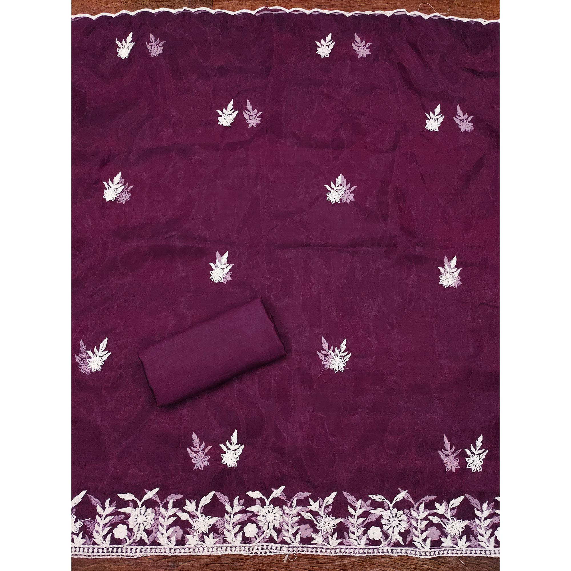 Purple Floral Embroidered Organza Dress Material