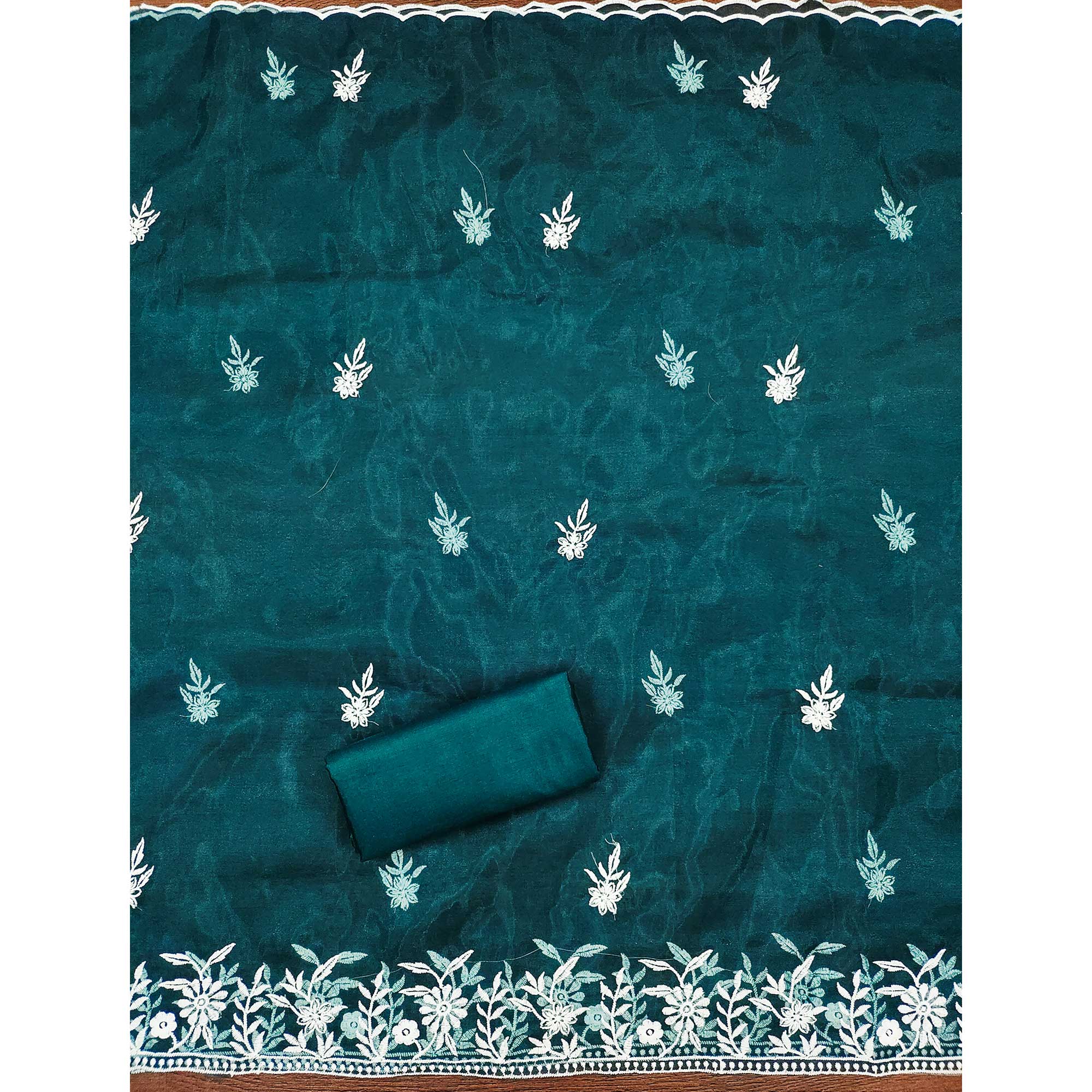 Teal Floral Embroidered Organza Dress Material