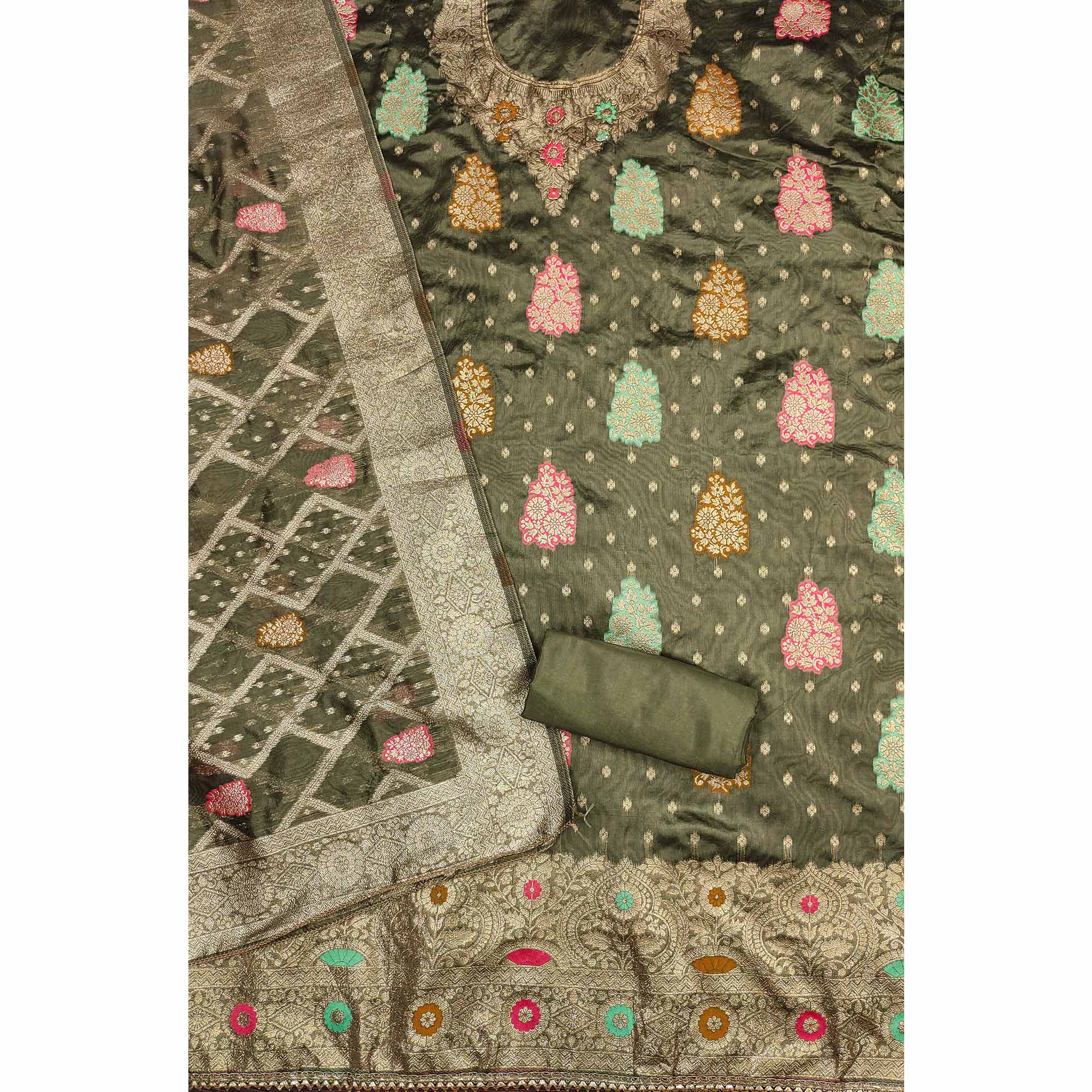 Green Floral Woven Jacquard Dress Material