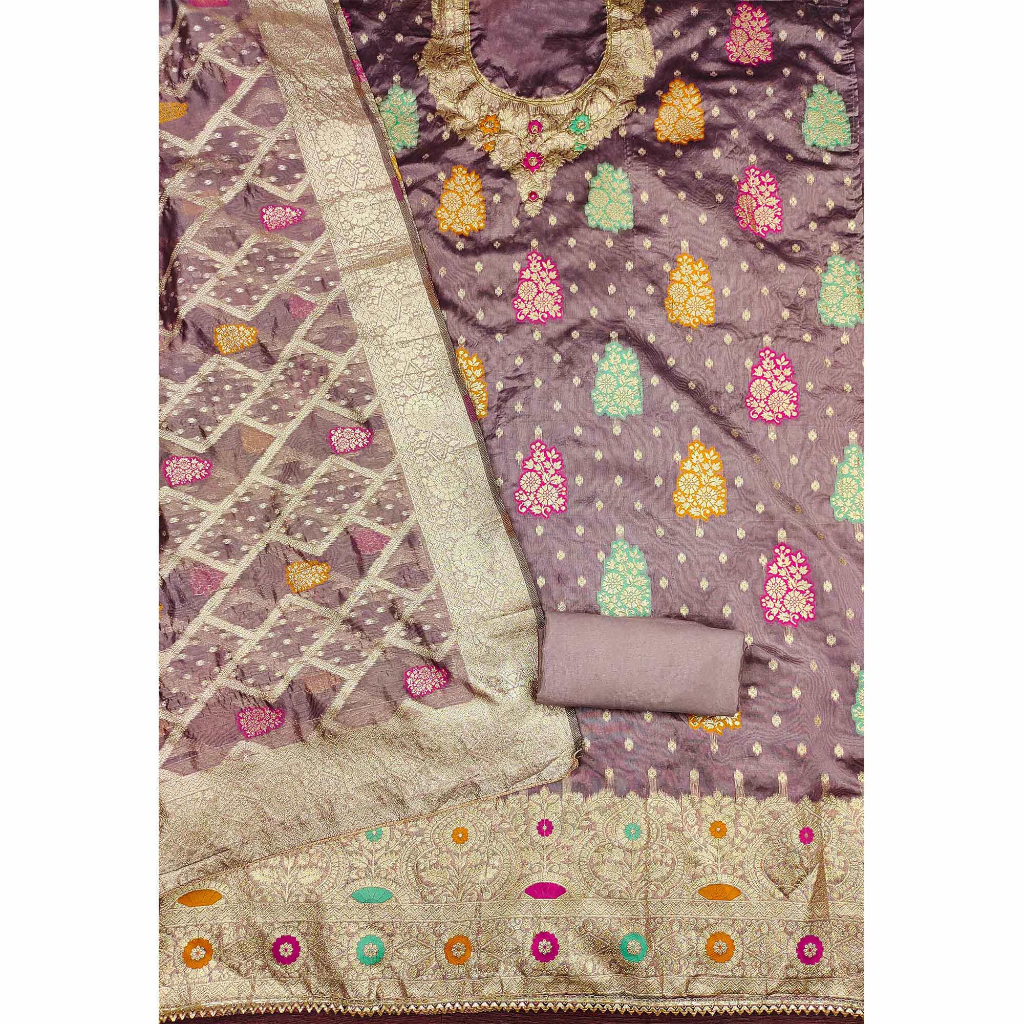 Mauve Floral Woven Jacquard Dress Material