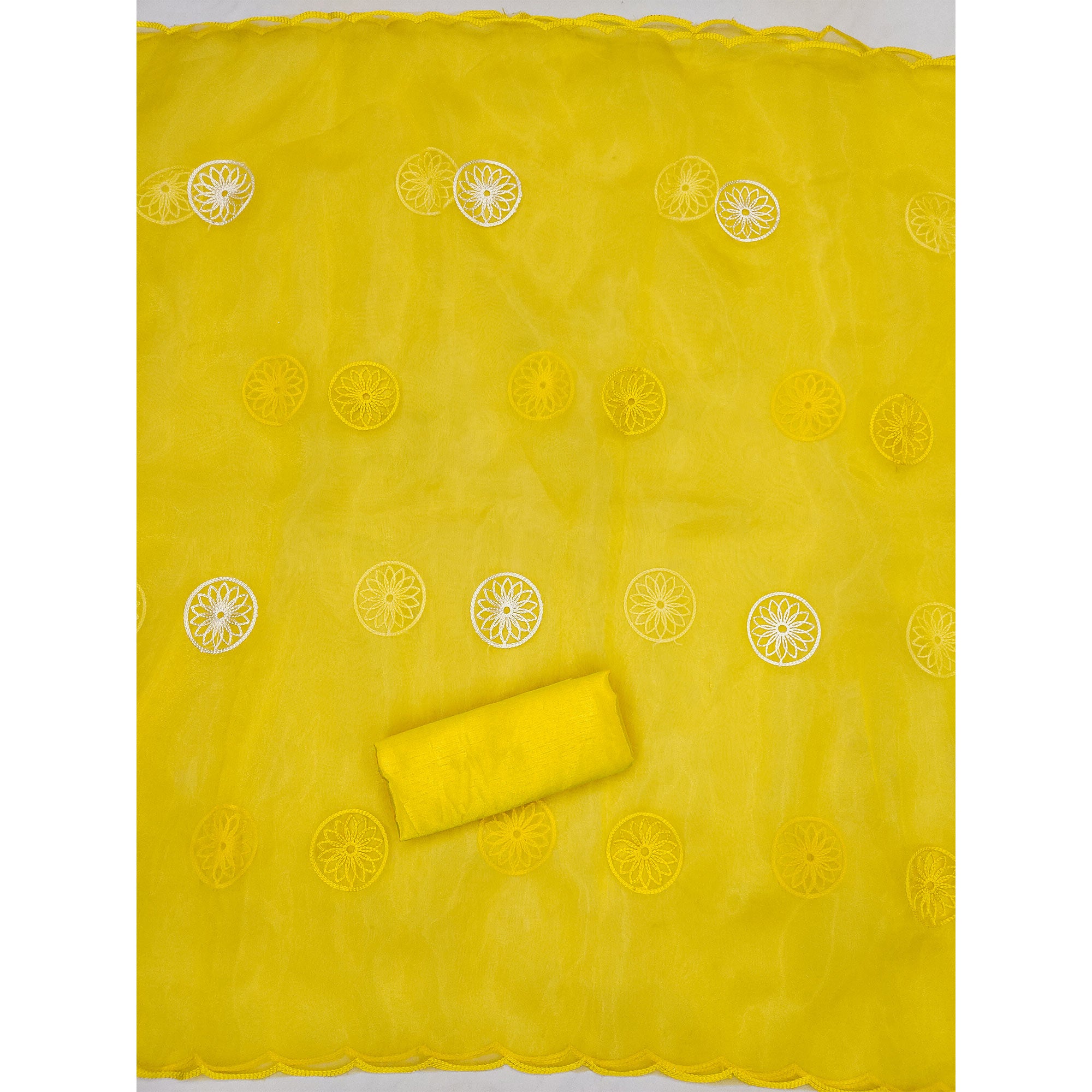 Yellow Floral Embroidered Organza Dress Material