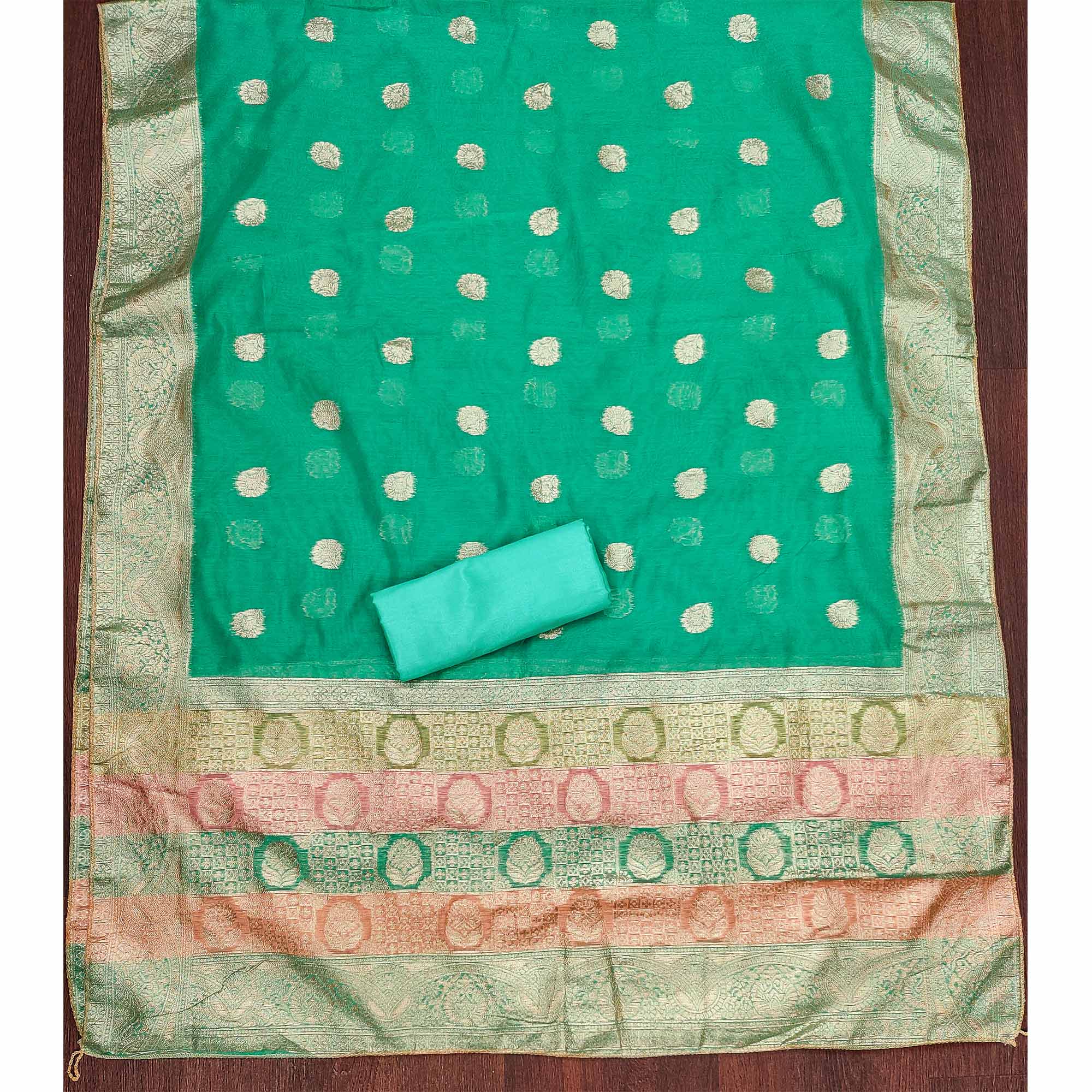 Turquoise Floral Woven With Hand Embroidered Jacquard Dress Material