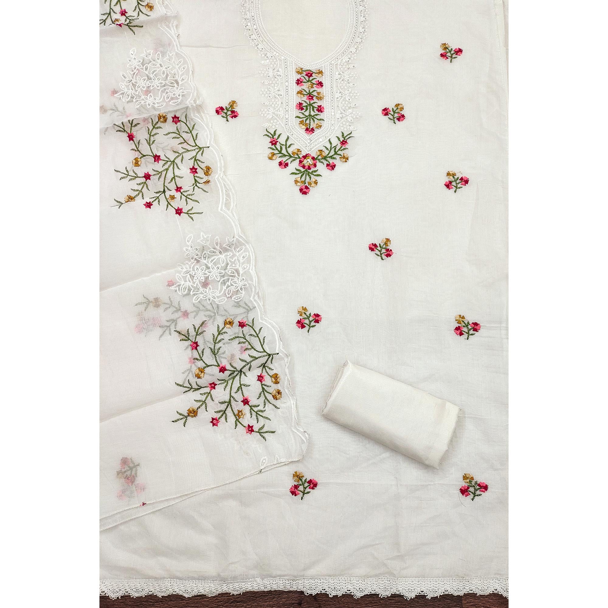White Chanderi Cotton Dress Material With Elegant Floral Sequin Embroidery