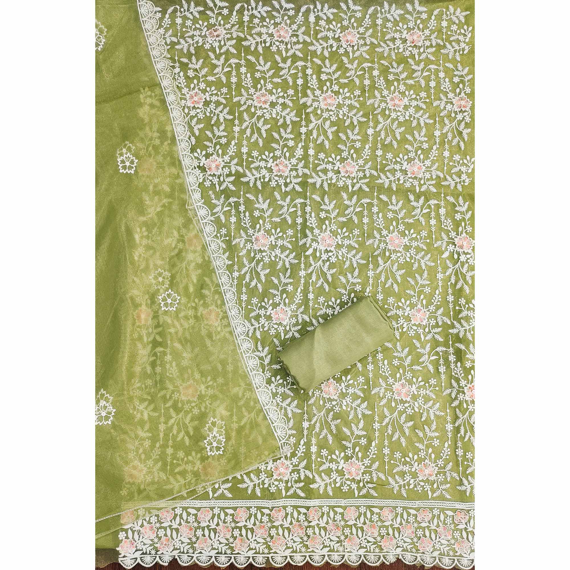 Graceful Green Organza Dress Material Adorned with Intricate Floral Embroidery