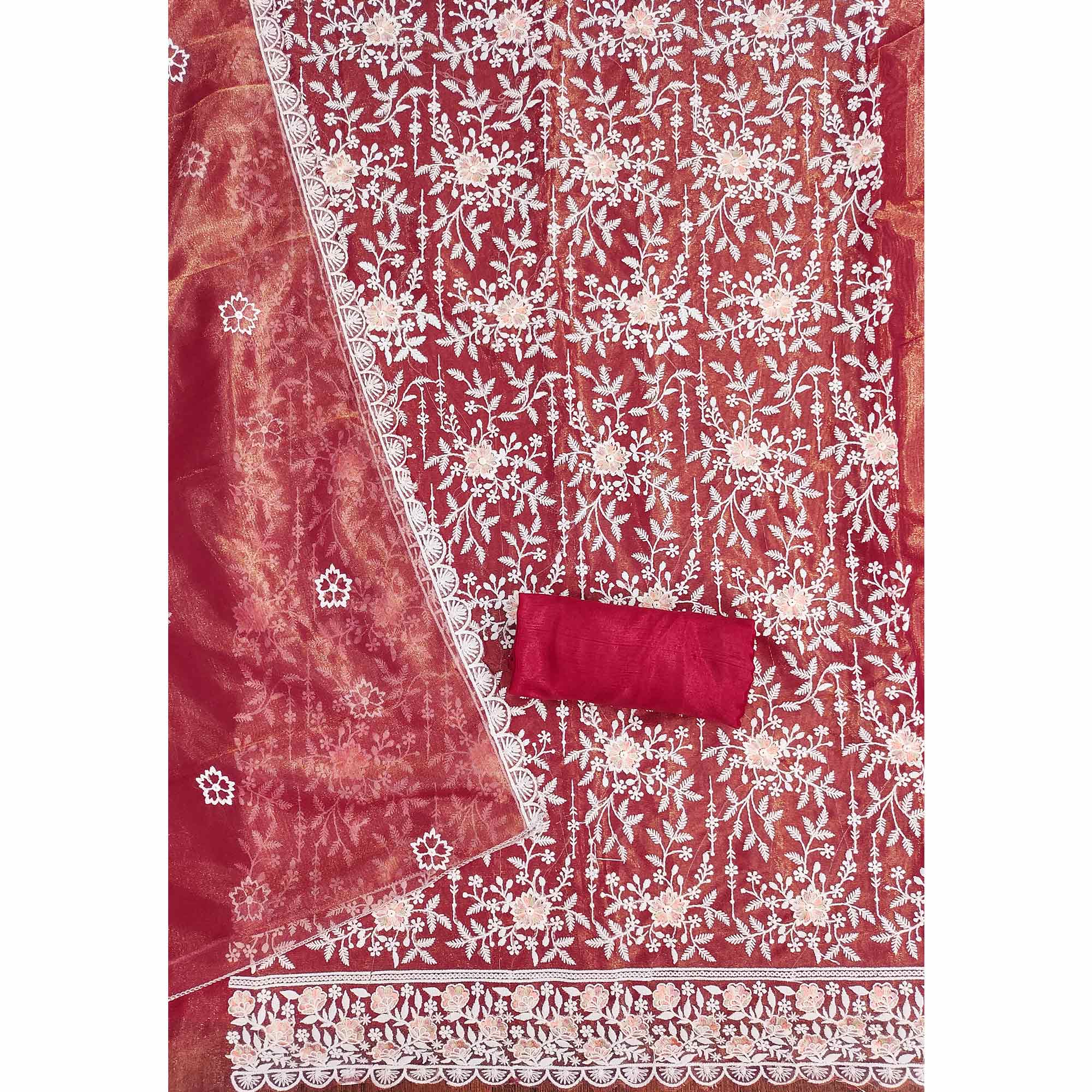 Sophisticated Maroon Organza Dress Material Adorned with Intricate Floral Embroidery