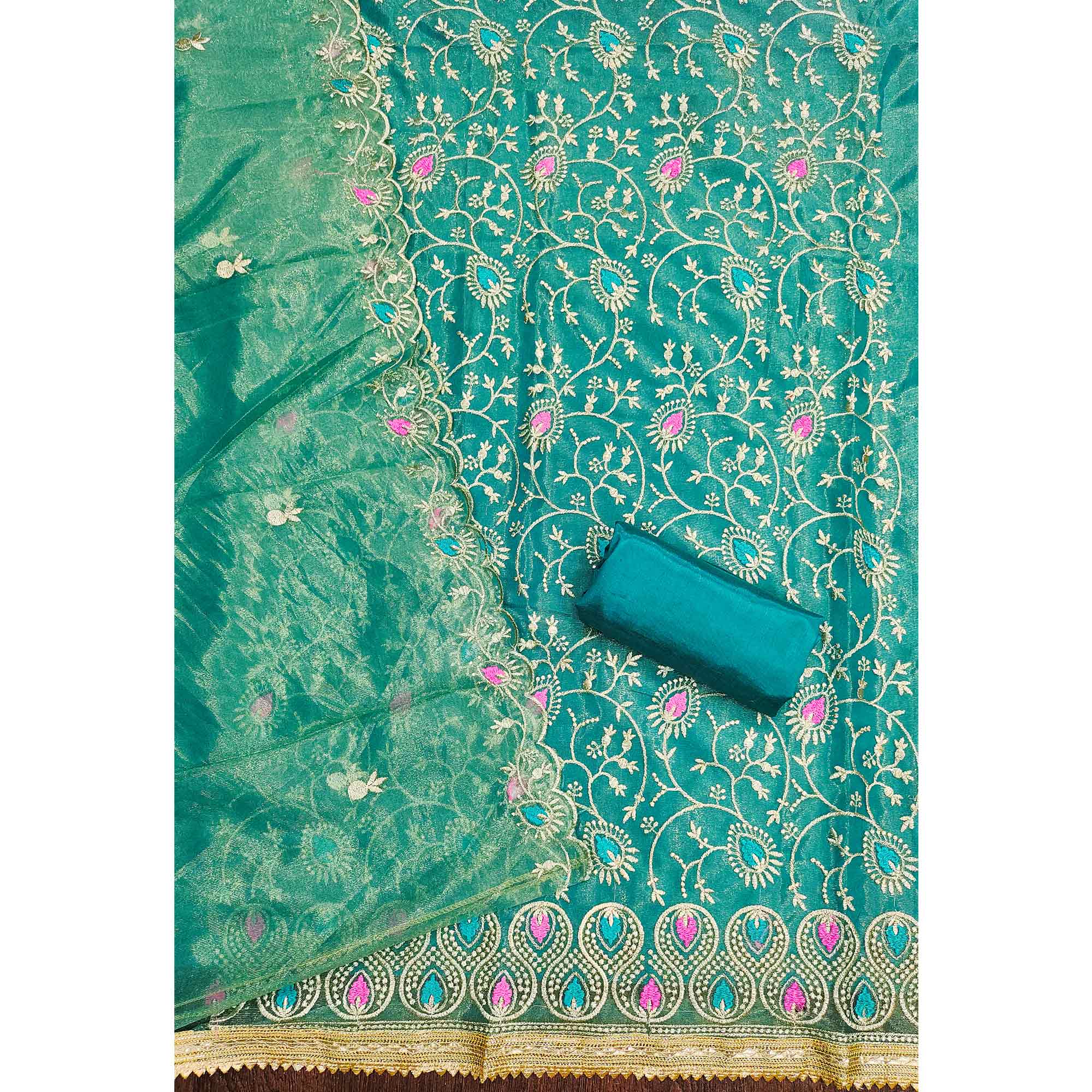 Elegant Rama Blue Organza Dress Material with Exquisite Floral Thread & Zari Embroidery