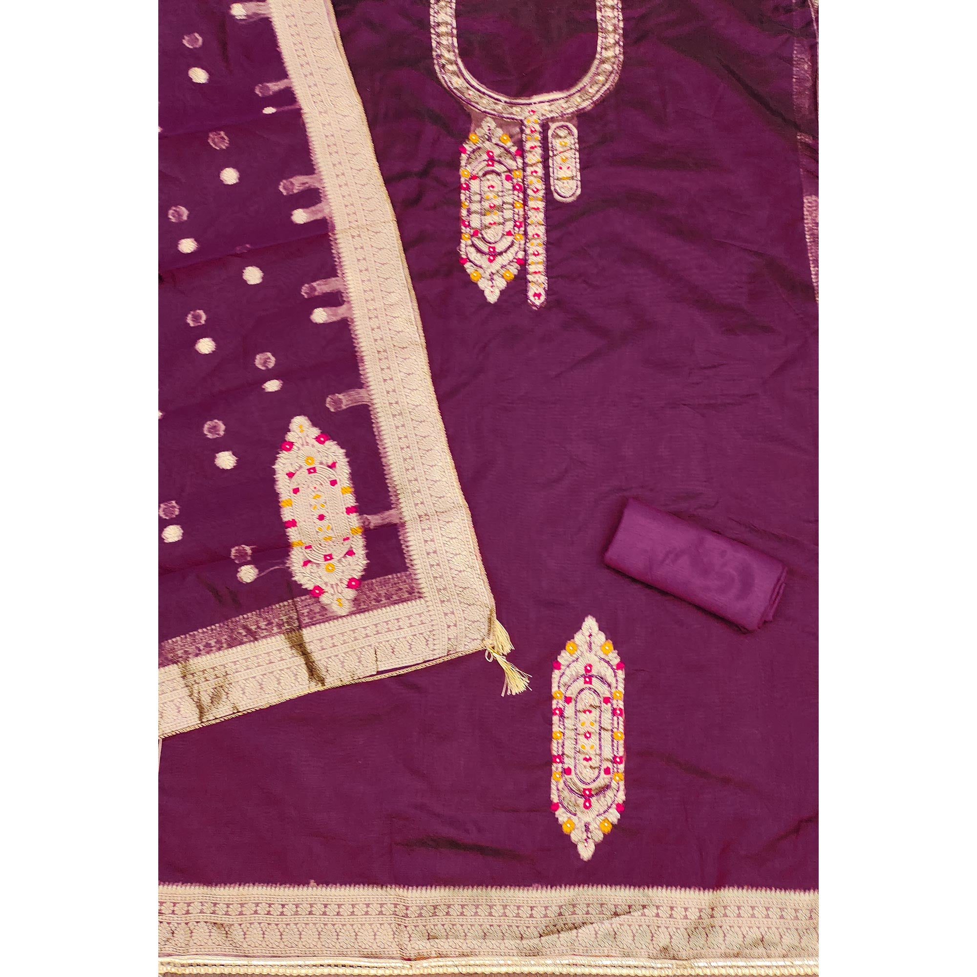 Festive Wine Unstitched Dress Material in Zari Weaving Jacquard