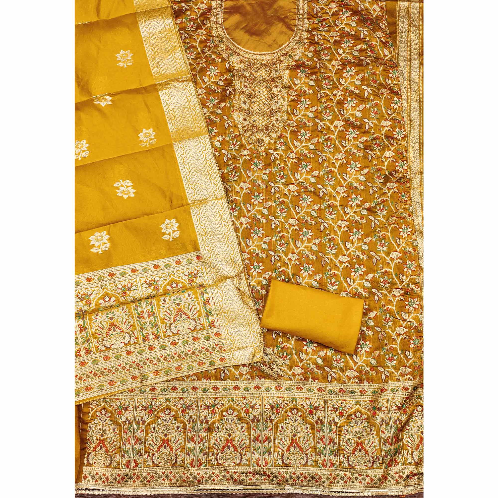 Unstitched Mustard Jacquard Dress Set with Traditional Zari Weaving