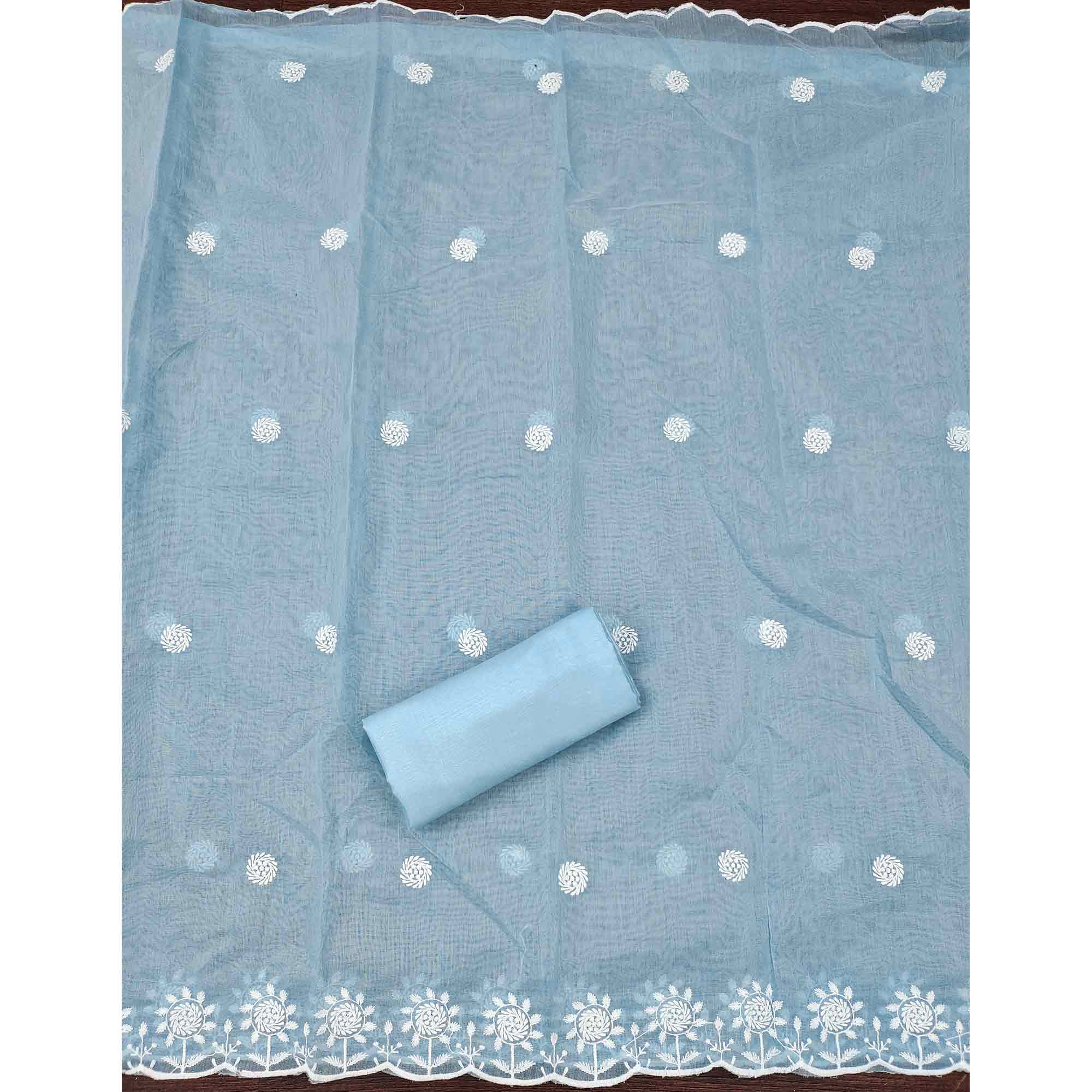 Blue Embroidered Cotton Blend Suit Fabric with Soft Floral Detailing