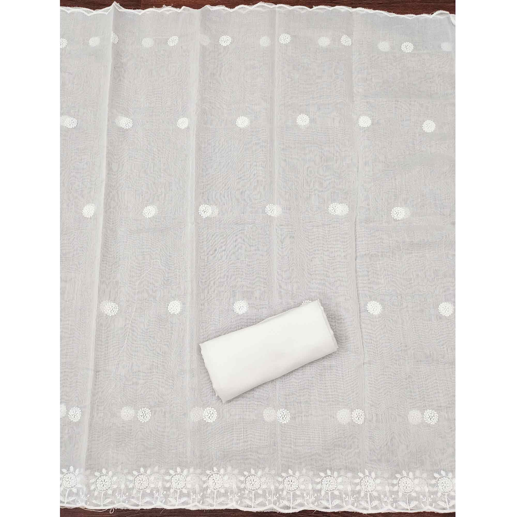 White Embroidered Cotton Blend Suit Fabric with Soft Floral Detailing