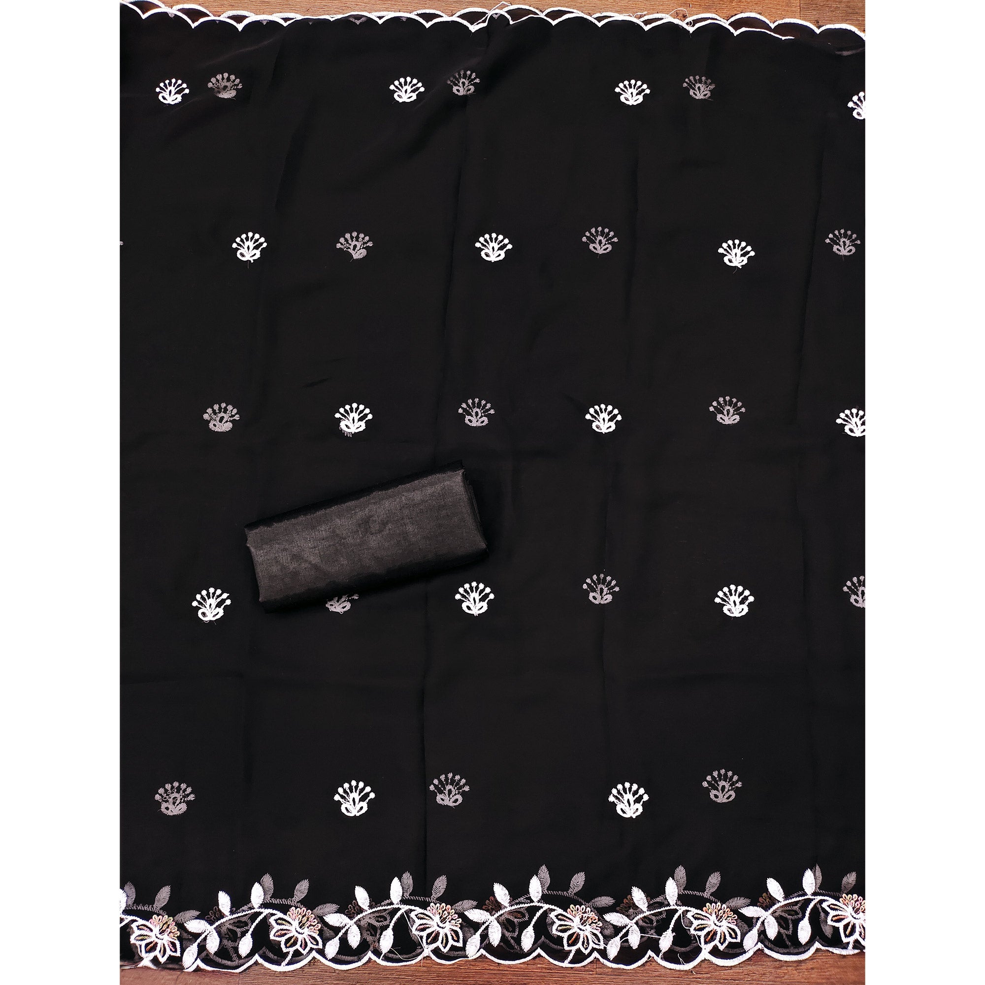 Black Georgette Dress Material Accented With Floral Thread Work