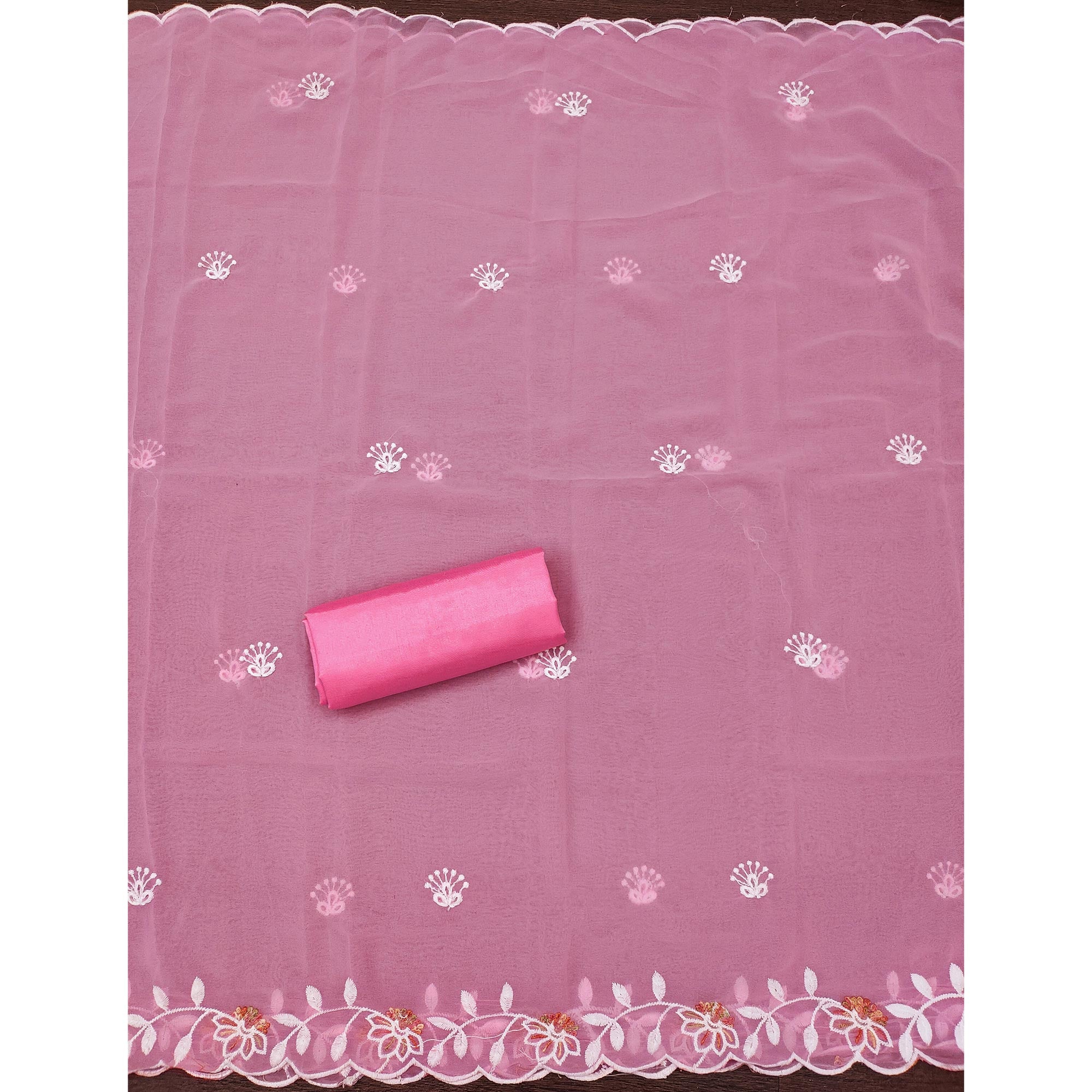 Pink Georgette Dress Material Accented With Floral Thread Work