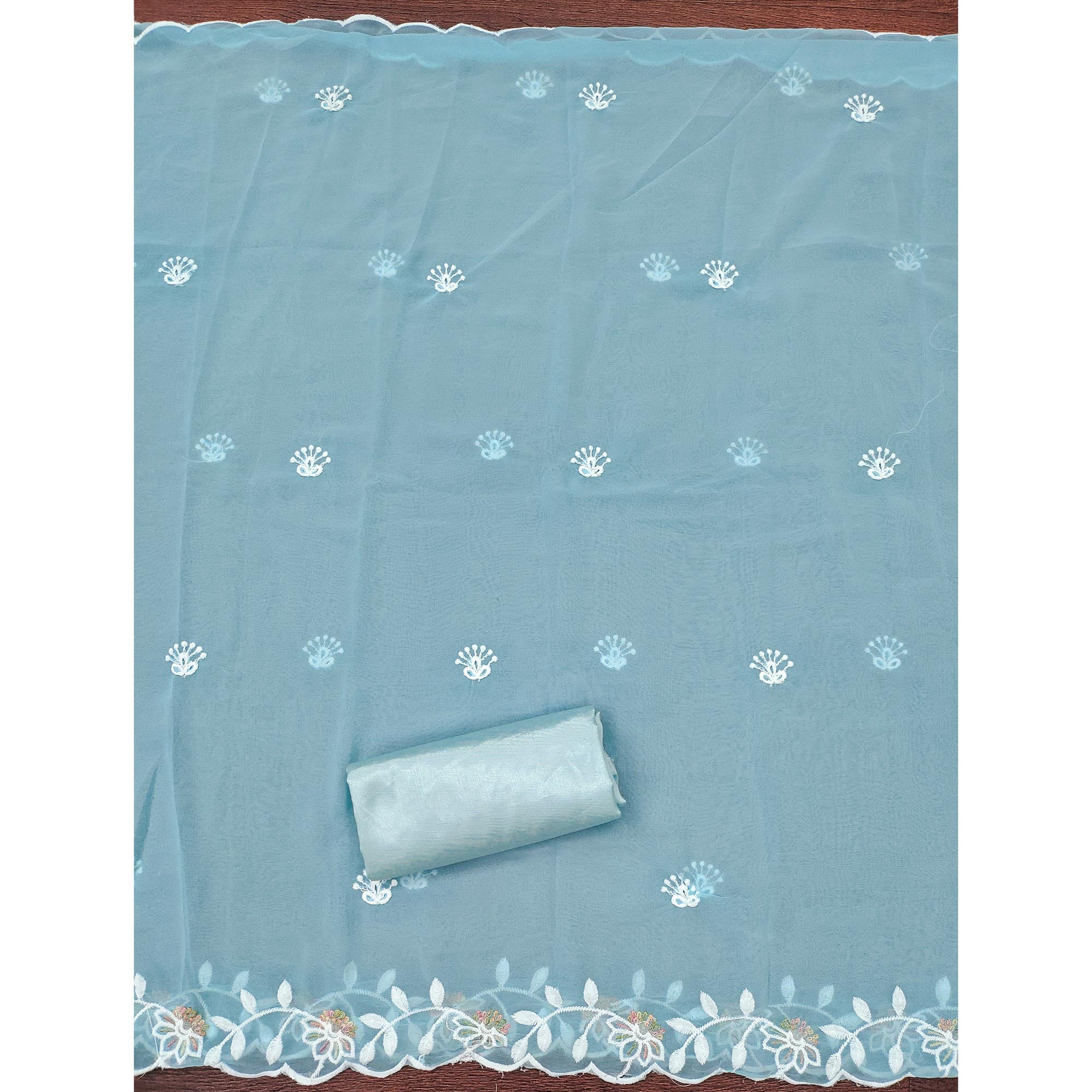 Sky Blue Georgette Dress Material Accented With Floral Thread Work