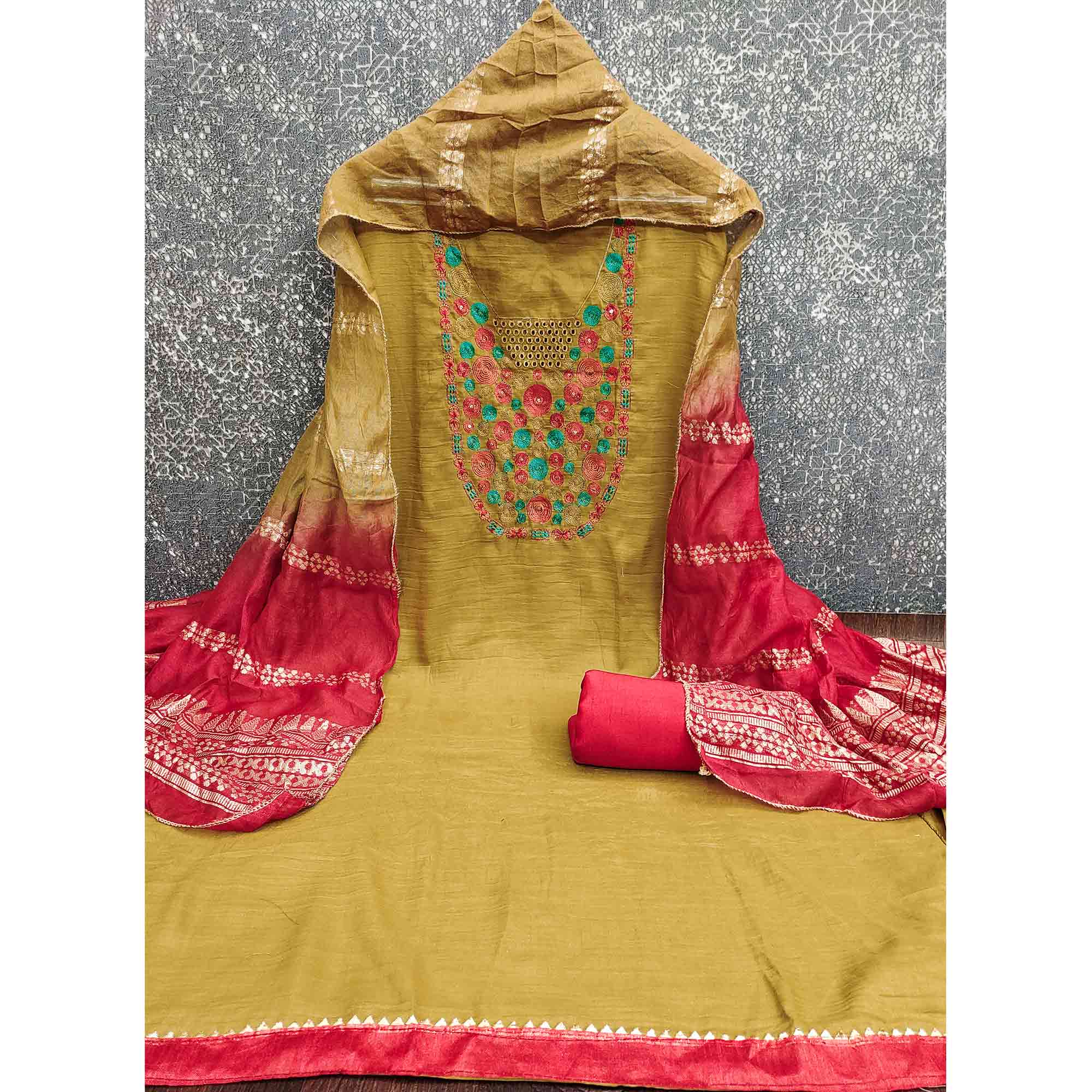 Charming Mustard Thread Embroidered Cotton Blend Dress Material With Sequins & Gota Patti Accents