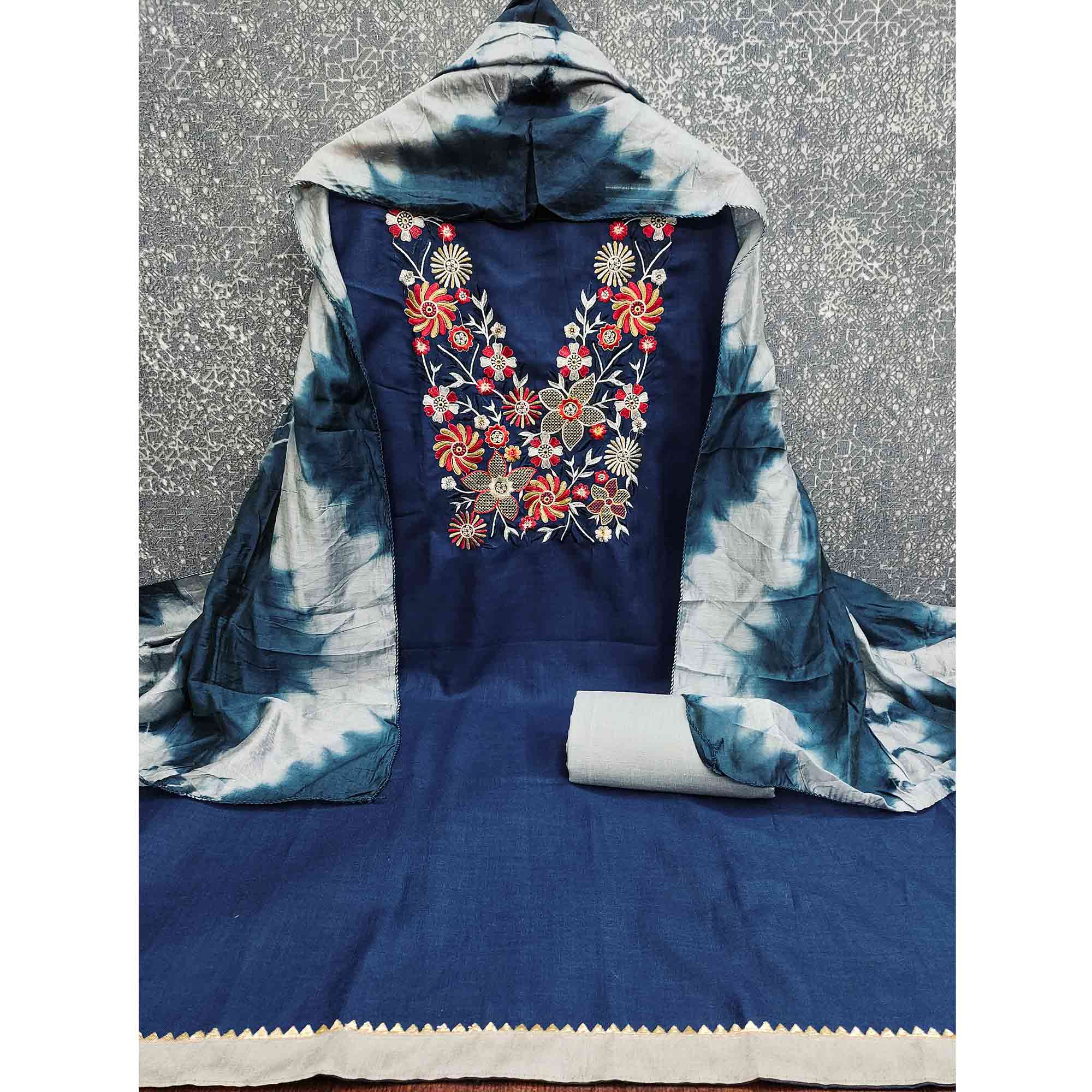 Elegant Blue Floral Thread Embroidered Cotton Blend Dress Material With Gota Patti Work