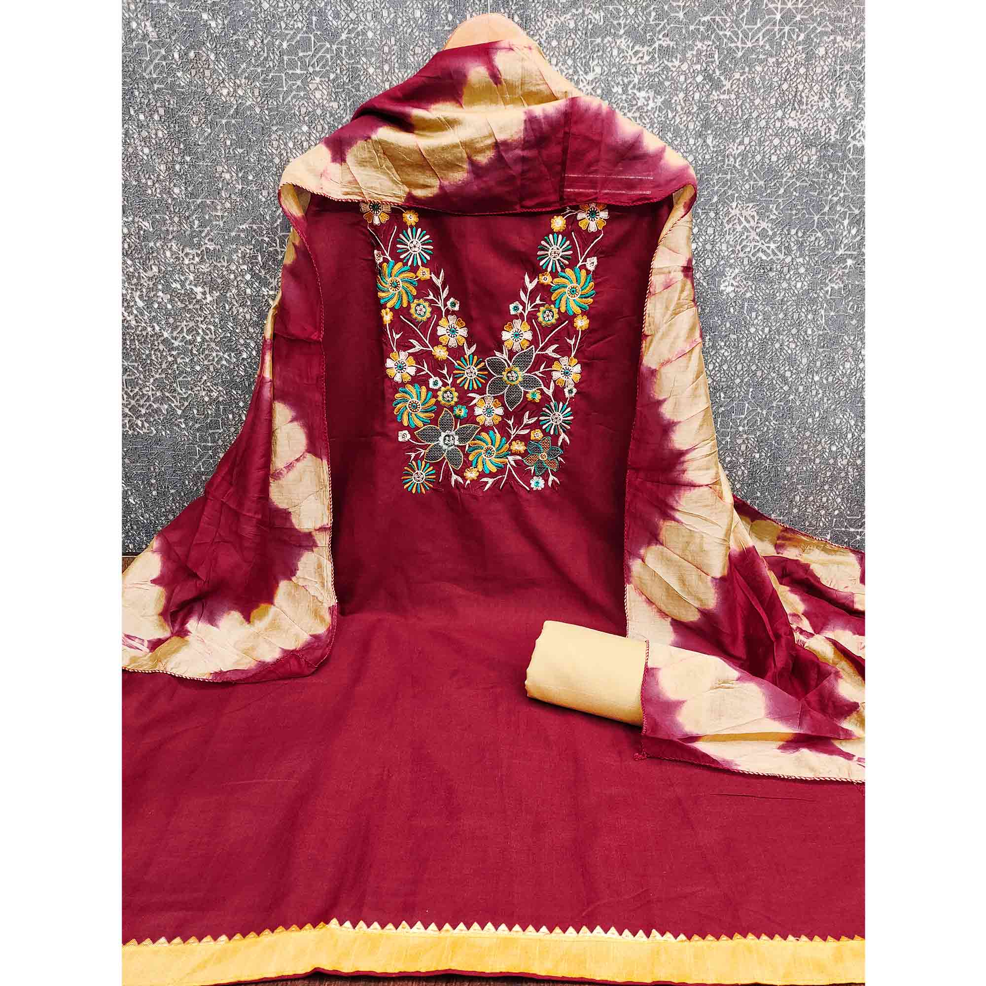 Elegant Maroon Floral Thread Embroidered Cotton Blend Dress Material With Gota Patti Work