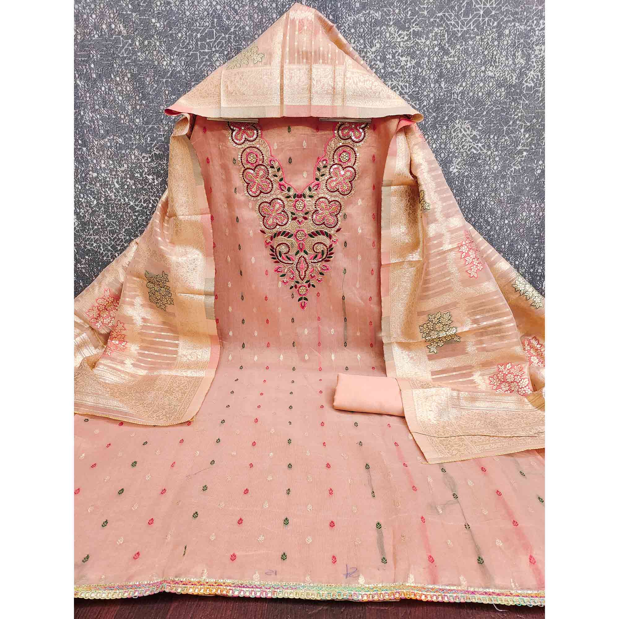 Stylish Pink Floral Cording Embroidered Shimmer Dress Material Enhanced With Butti Weaving Work